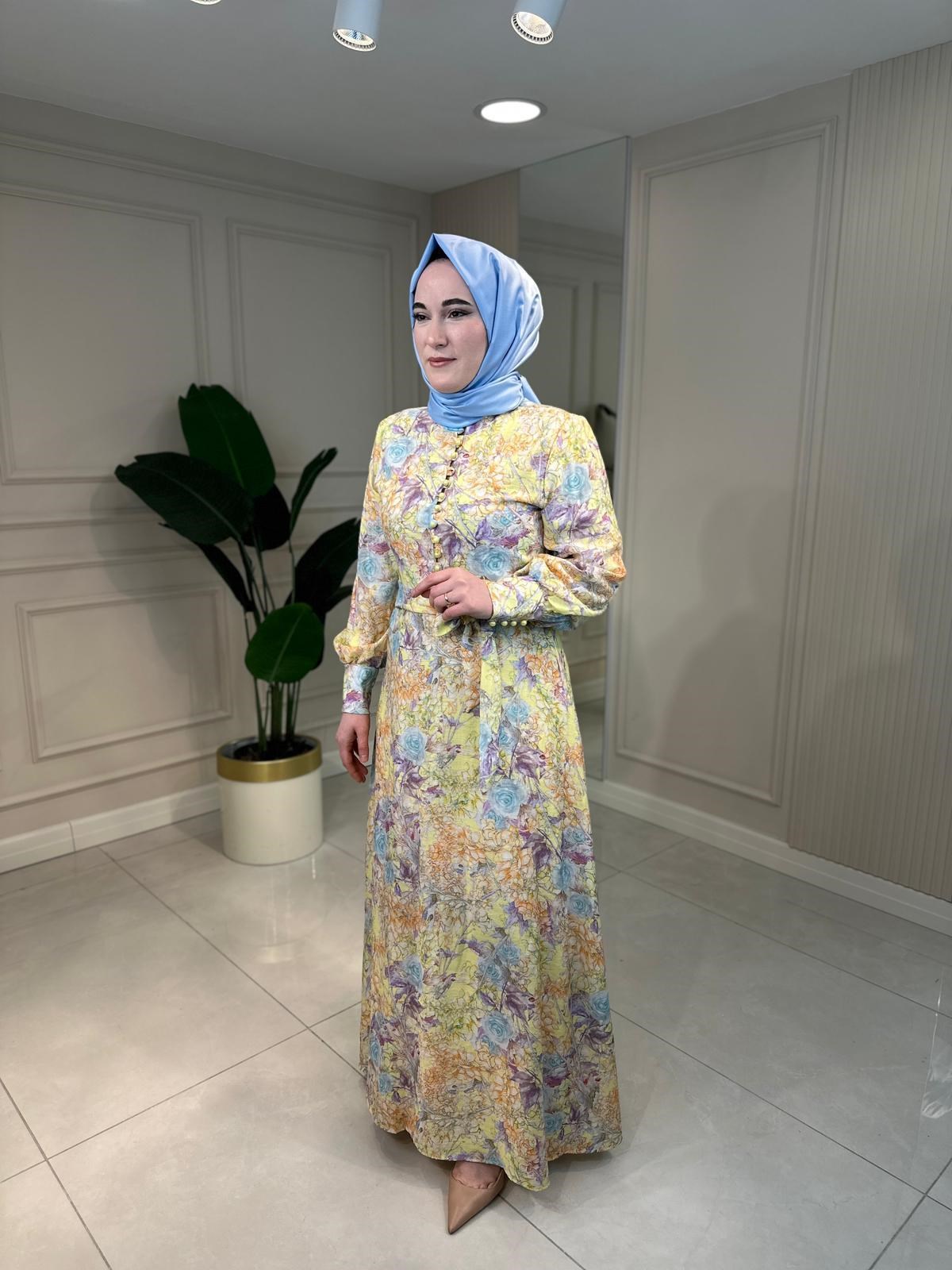 13299 Tencel Desenli Kol Detay Elbise