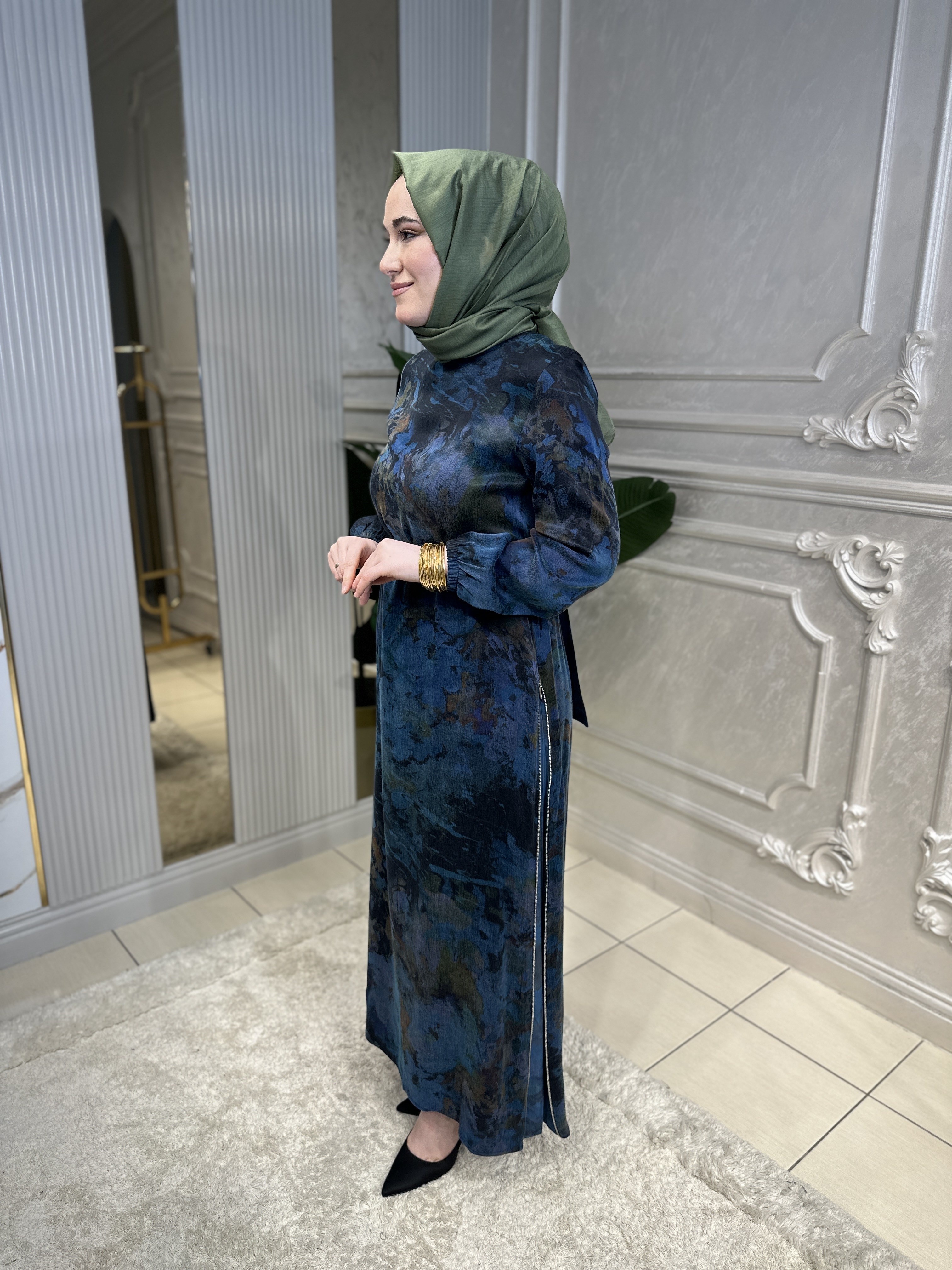 1461 Desenli Fermuarlı Elbise