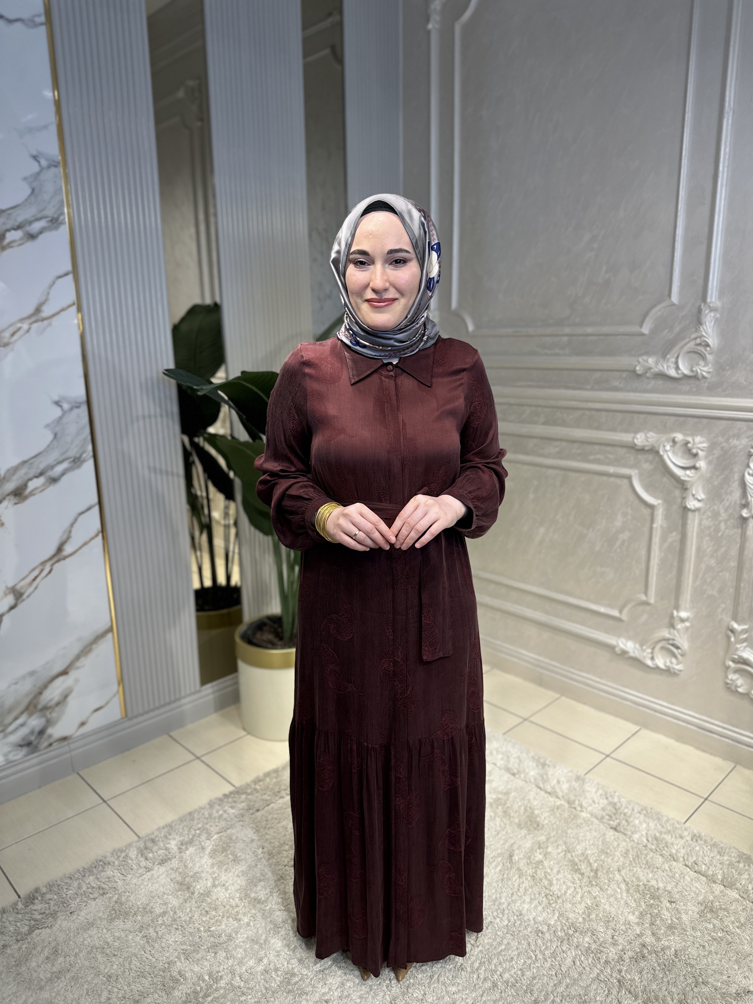 2044 Kendinden Desenli Kemerli Elbise