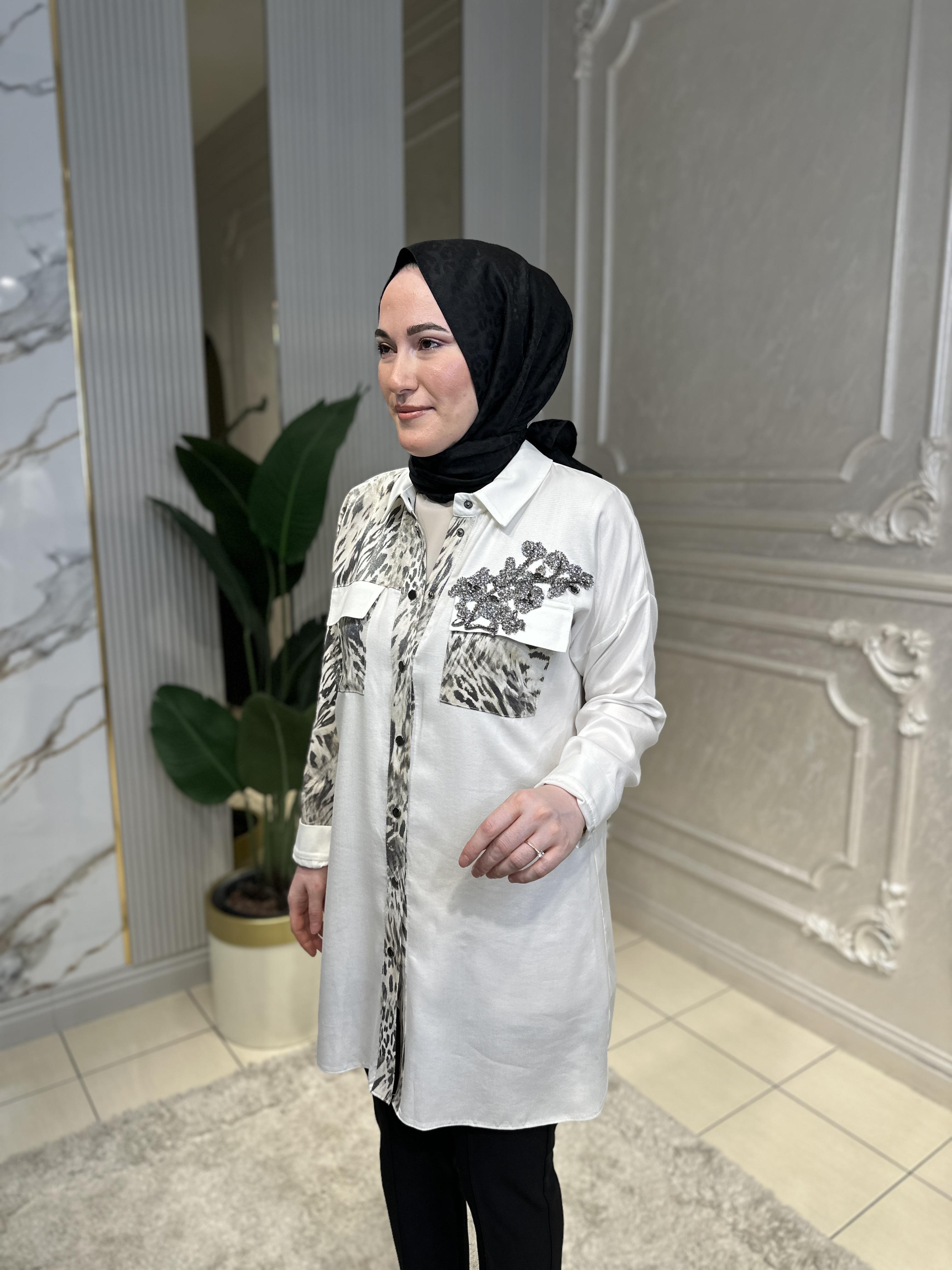3248 Leopar Kombinli Taşlı Tencel Tunik