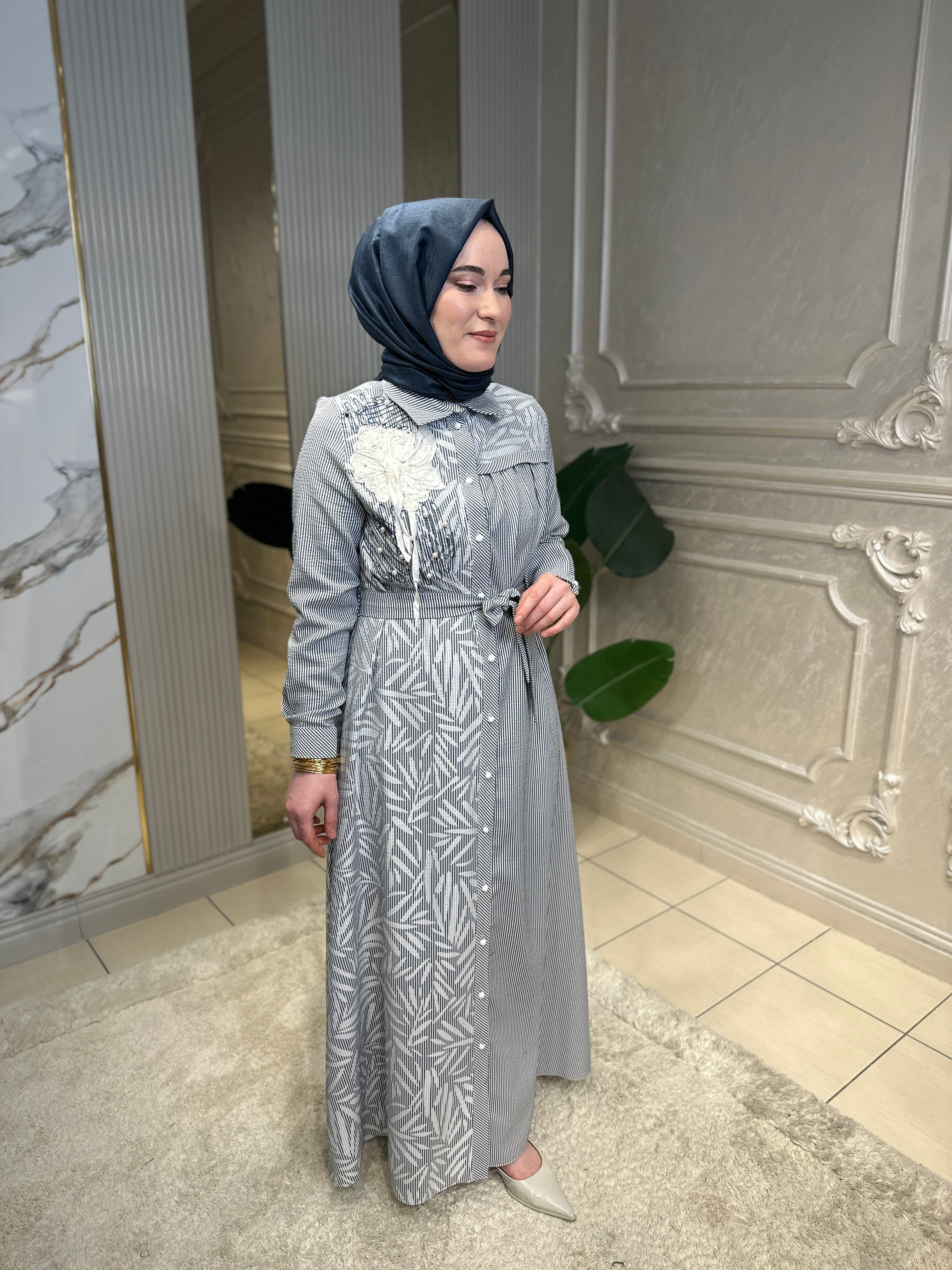 5031 Lase İşlemeli Çizgili Elbise
