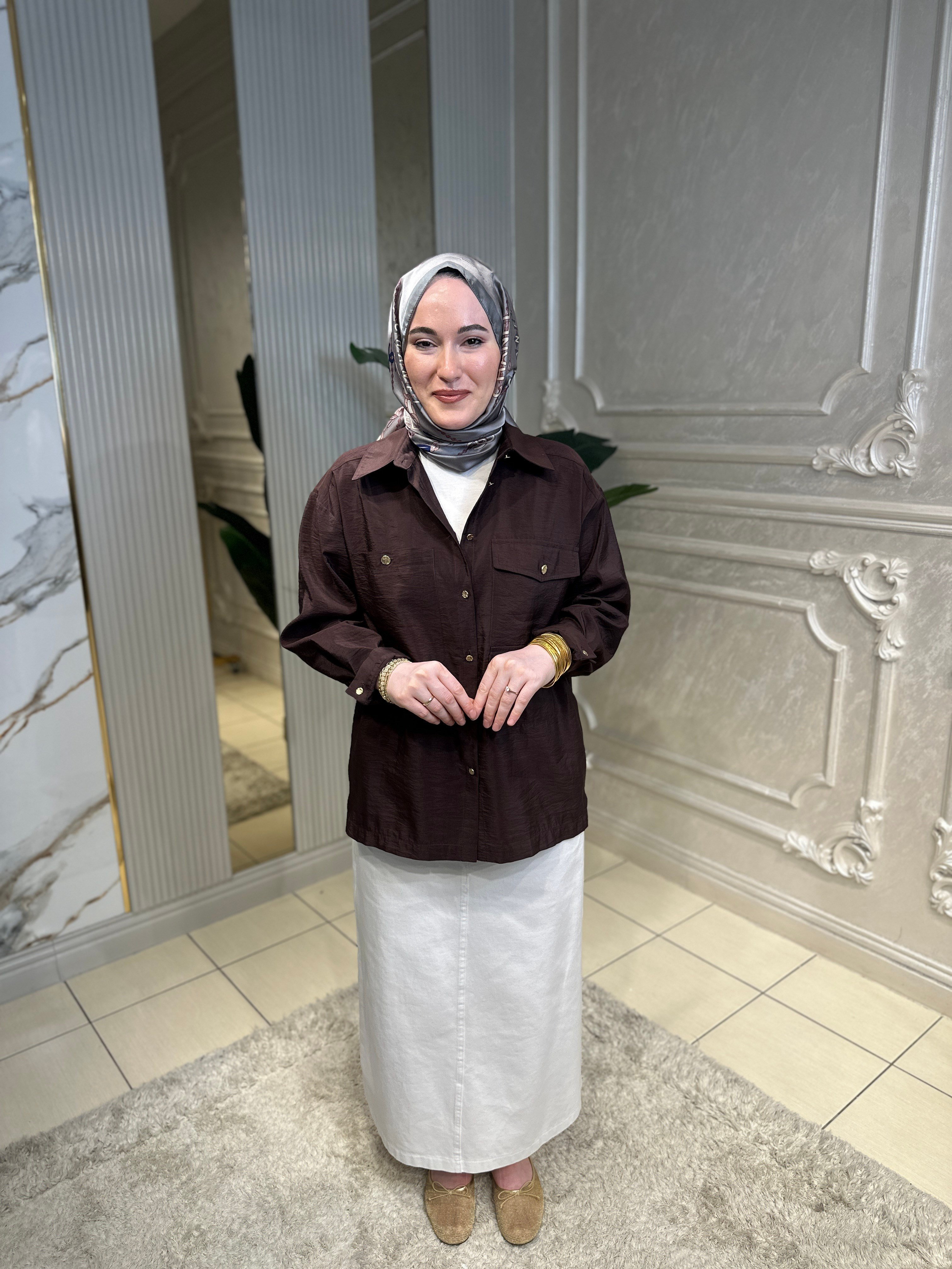 5135 Üç Cepli Önden Düğmeli Dubai Kısa Gömlek
