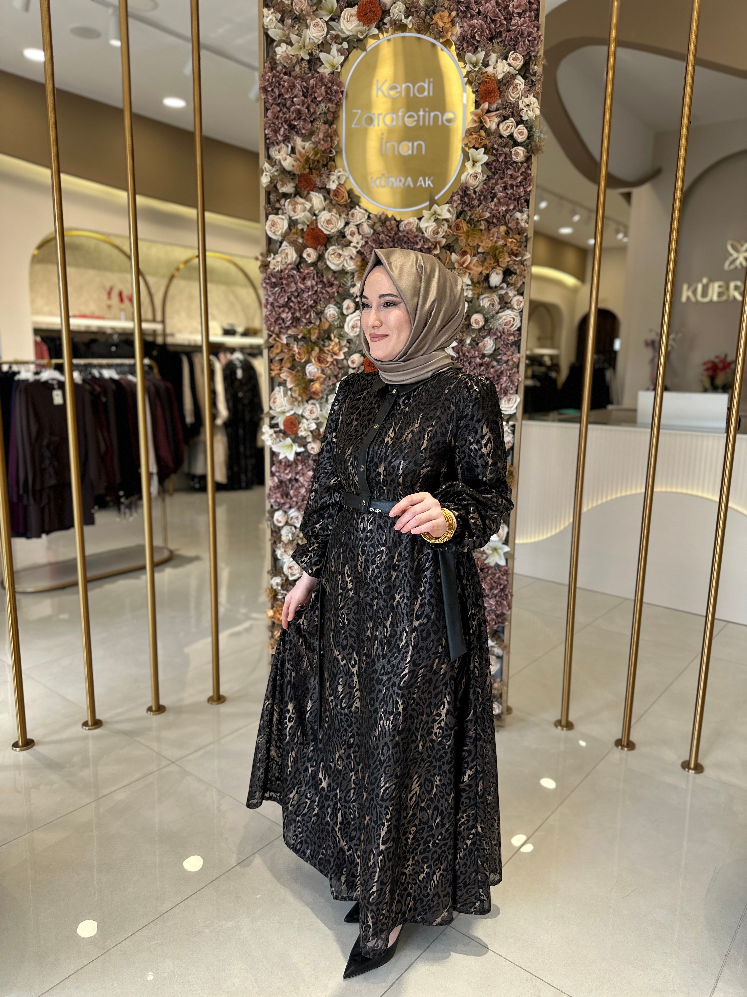 5301 Leopar Desen Deri Kombinli Elbise