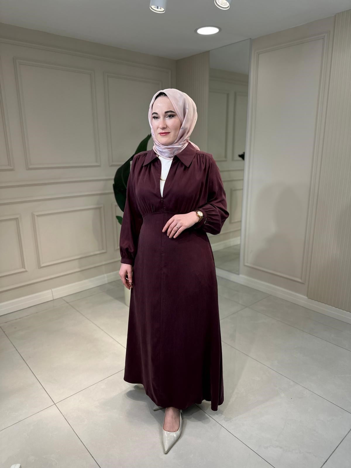 5424 Beli Büzgülü Kemerli Elbise