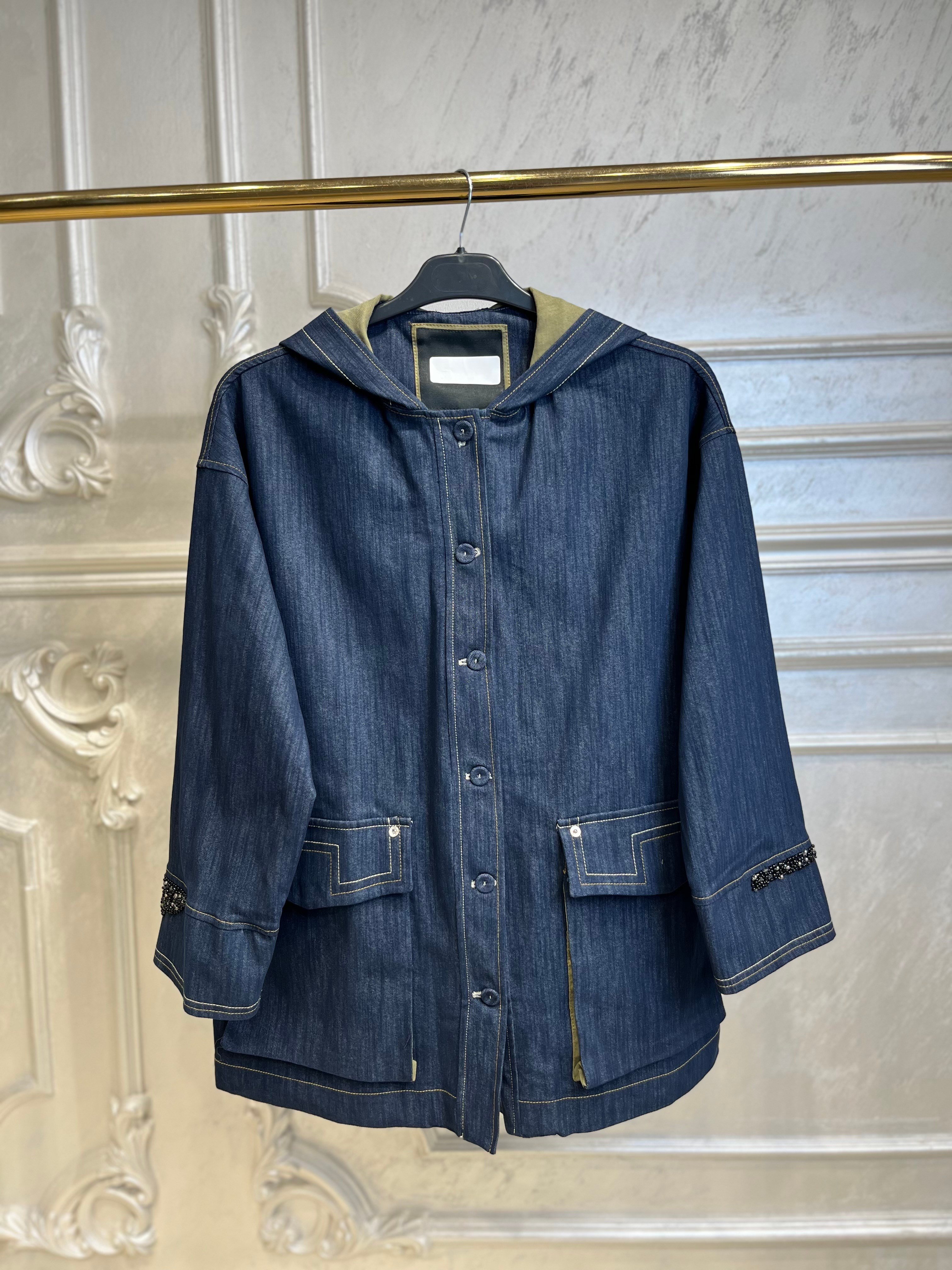 5829 Kapşomlu Kolları İşlemeli Denim Kap