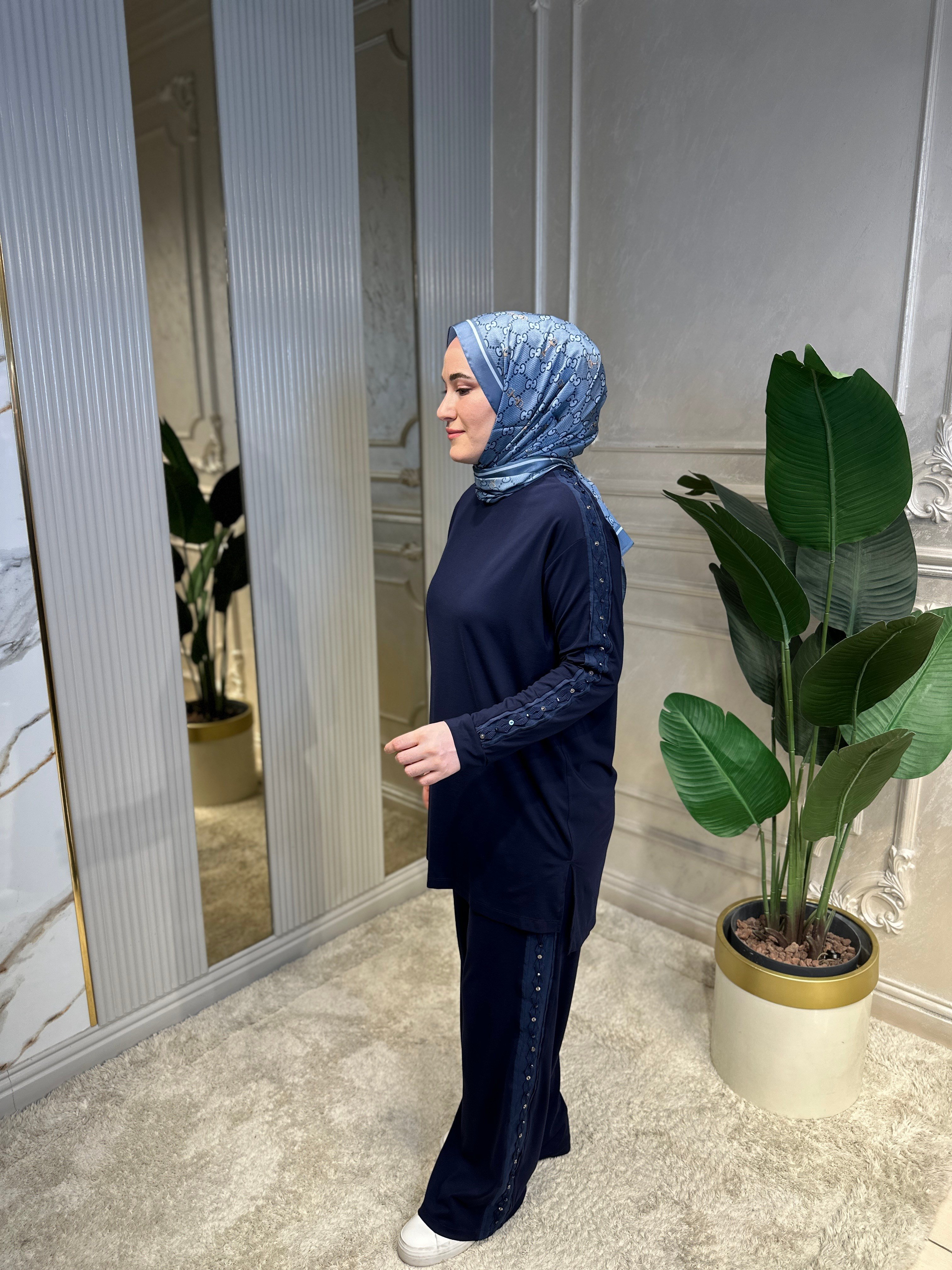 5983 Tuniği Ve Pantolonu Zımba Taş Detaylı Bambu Takım