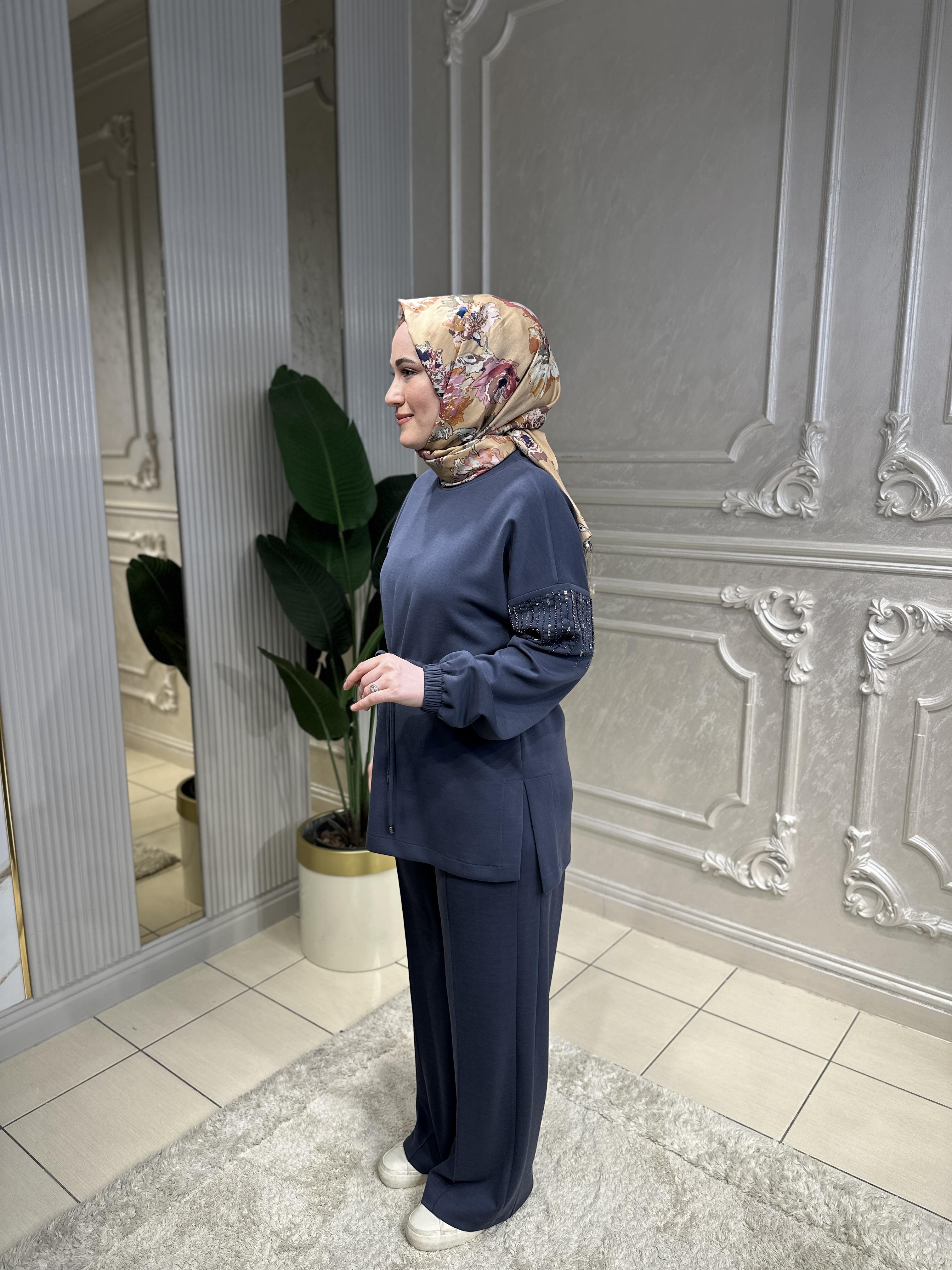 6005 Kolları İnci Ve Taş İşlemeli Pantolon Takım