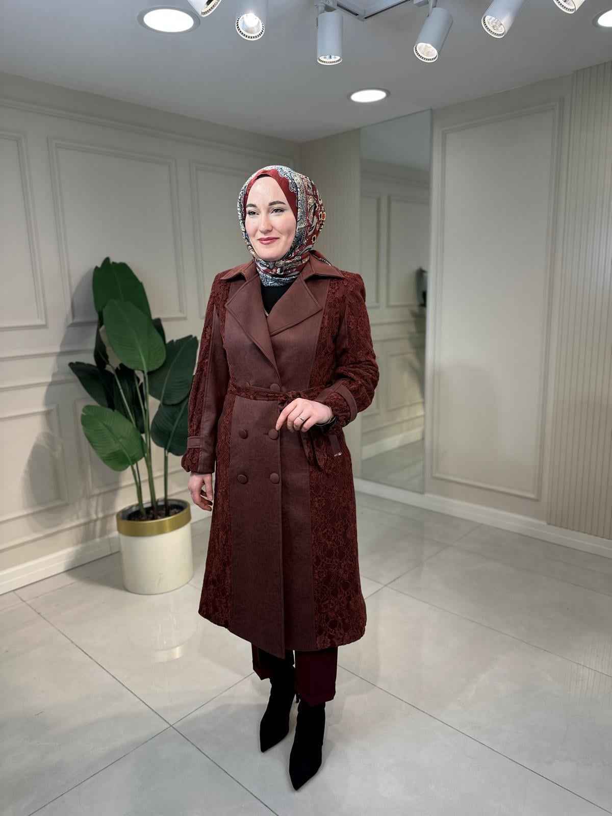 6325 Dantel Kombinli Örme Süet Trençkot