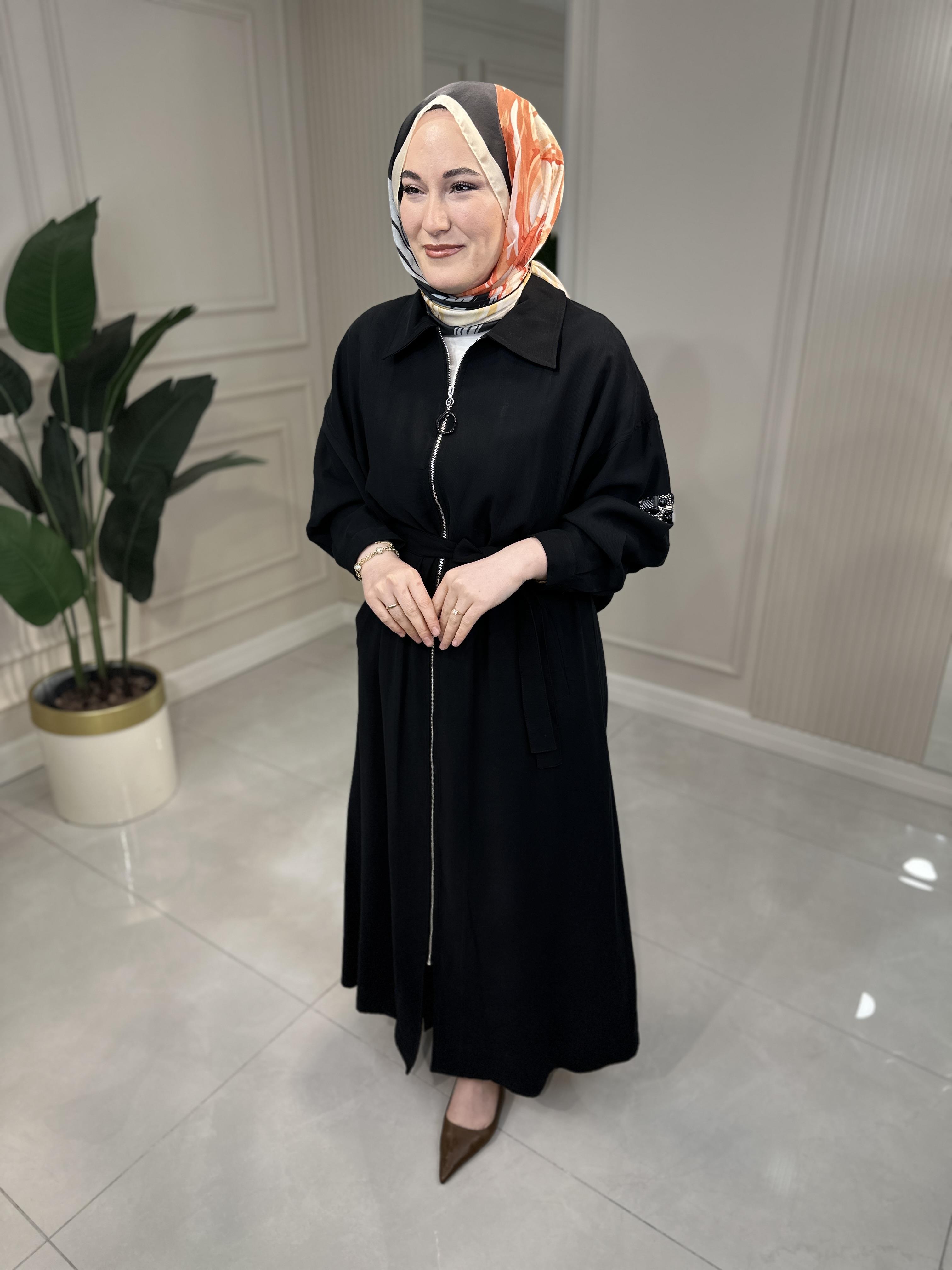 6881 Önden Fermuarlı Tek Kolu Taş Detay İçten Kemerli Kap