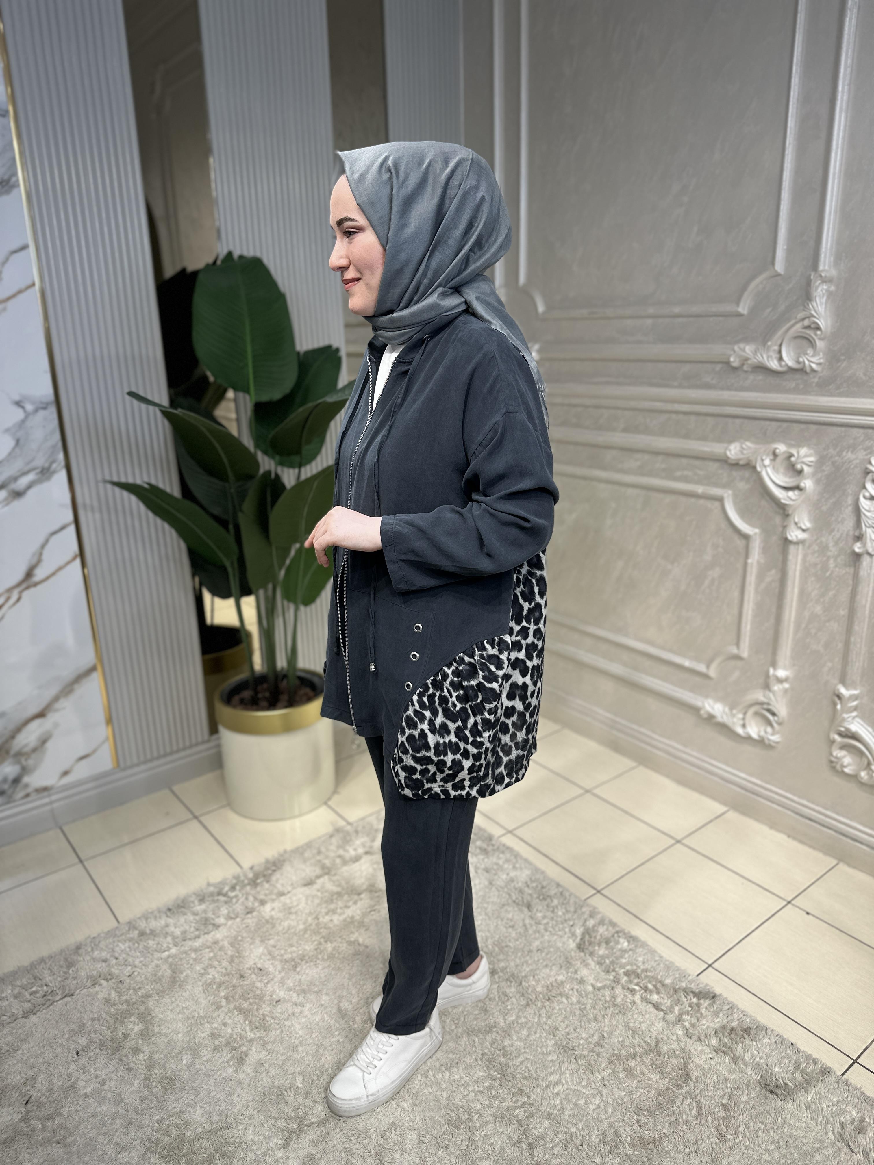 71045 Leopar Detaylı Pantolon Takım