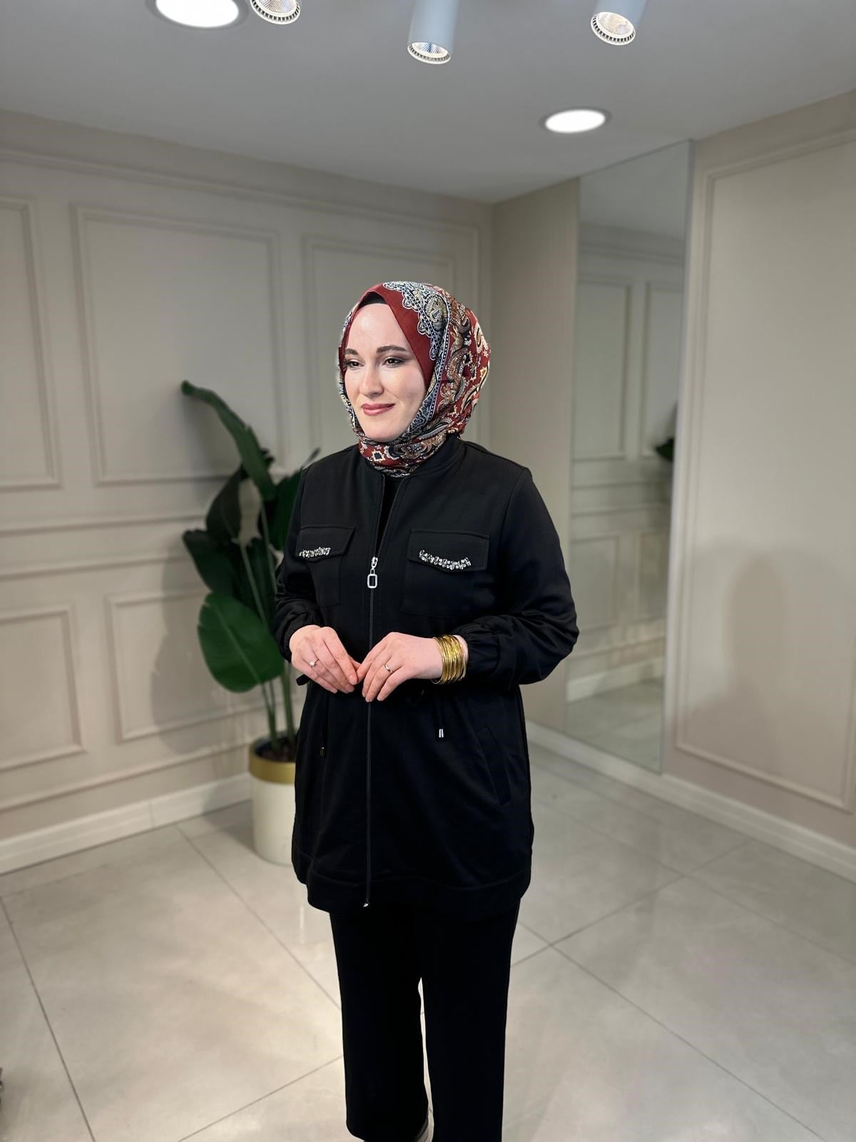 7375 Örme Taş Detaylı Pantolonlu Takım
