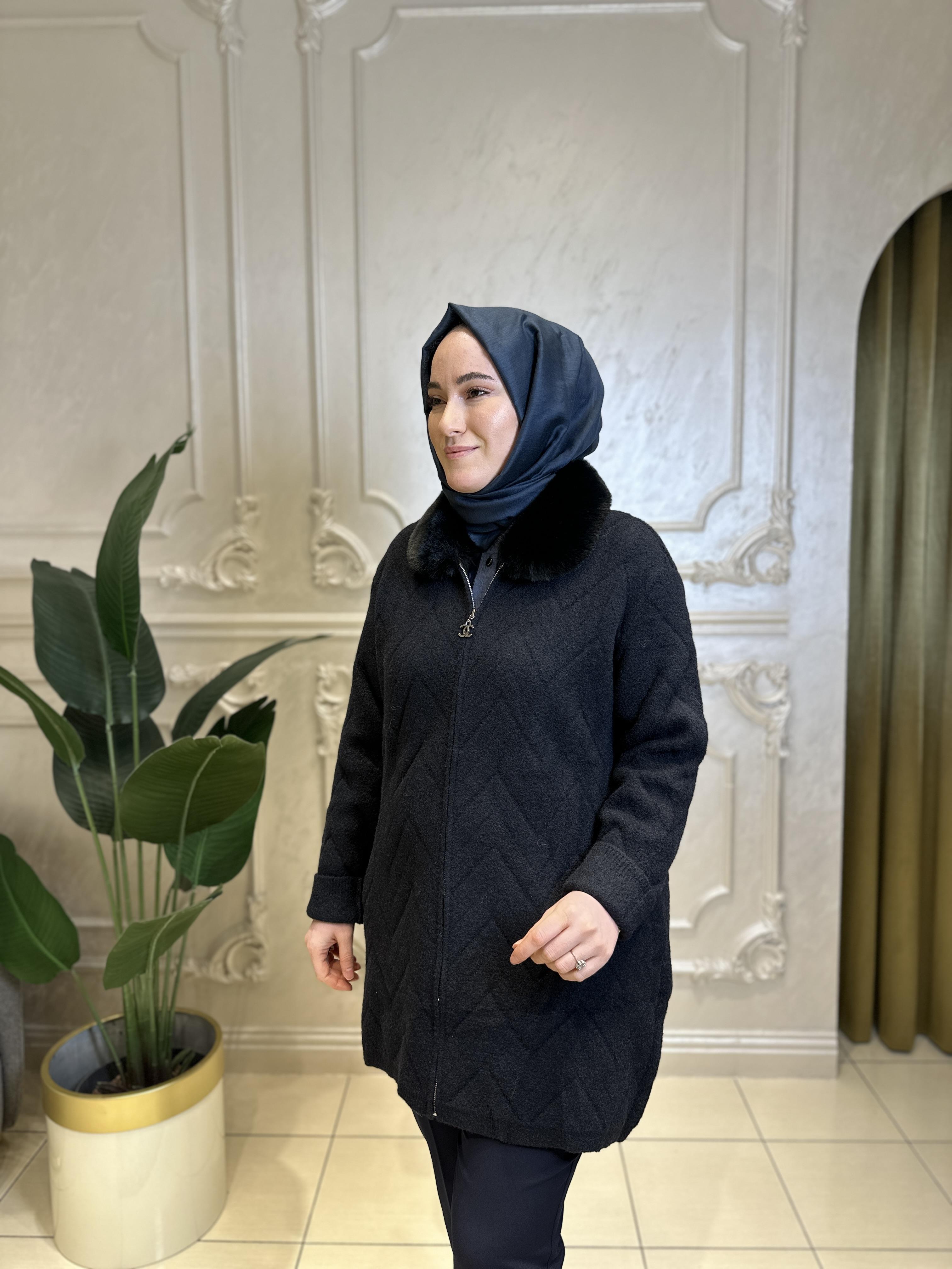 7639 Angora Yakası Kürklü Uzun Hırka