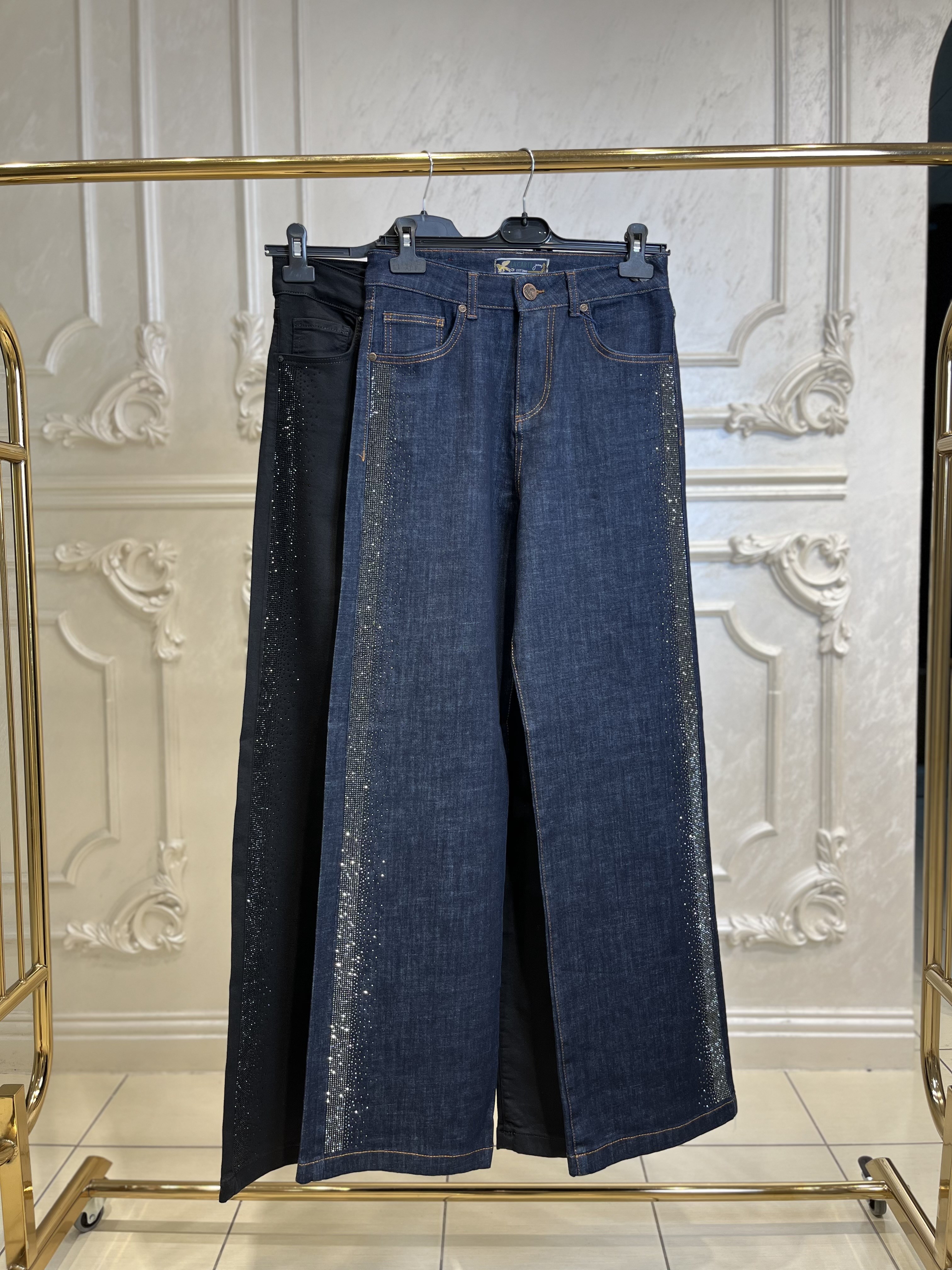 8000 Şerit Taşlı Bol Paça Jean