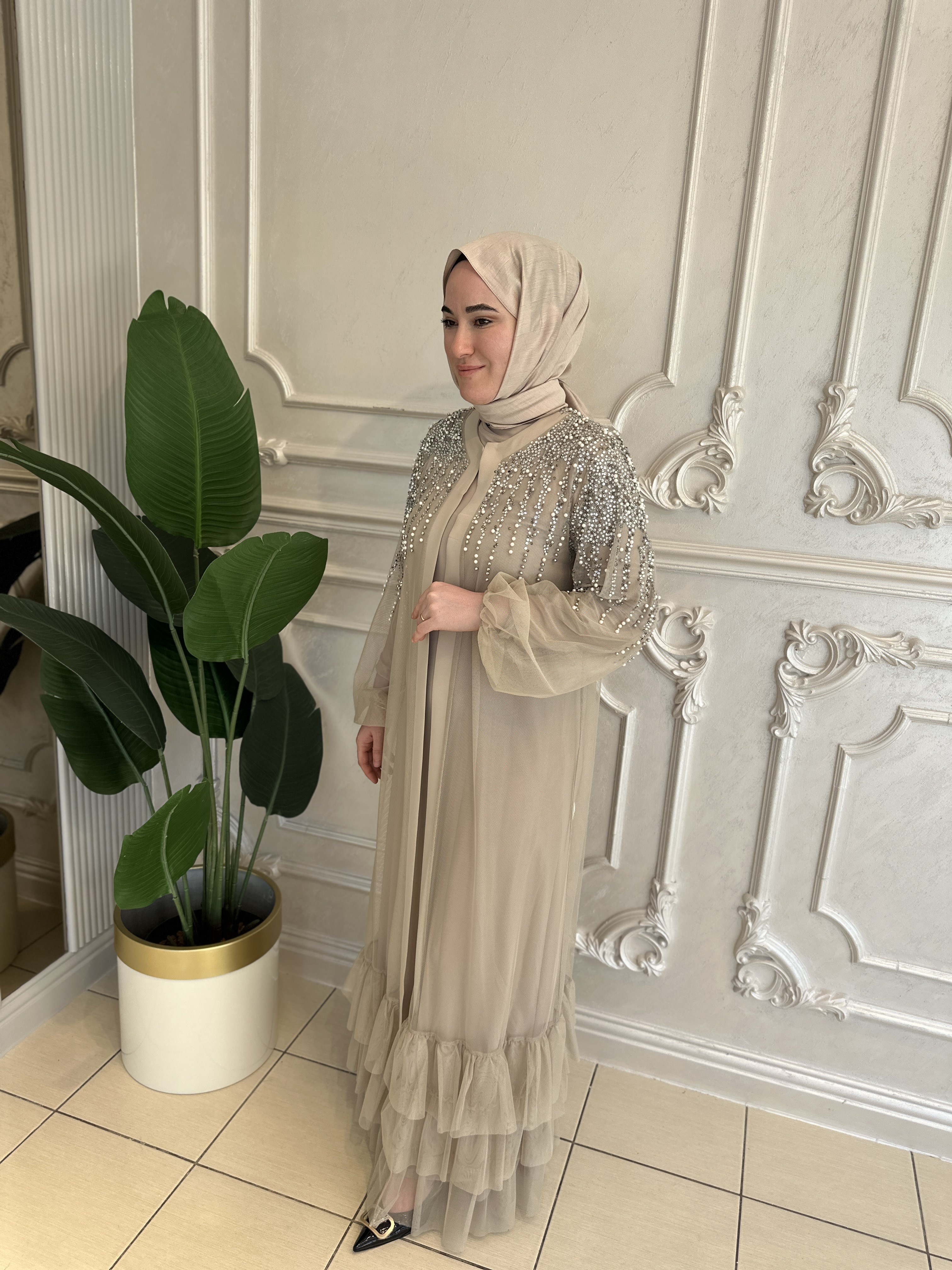 Ak6088 İncili Tül Abaya