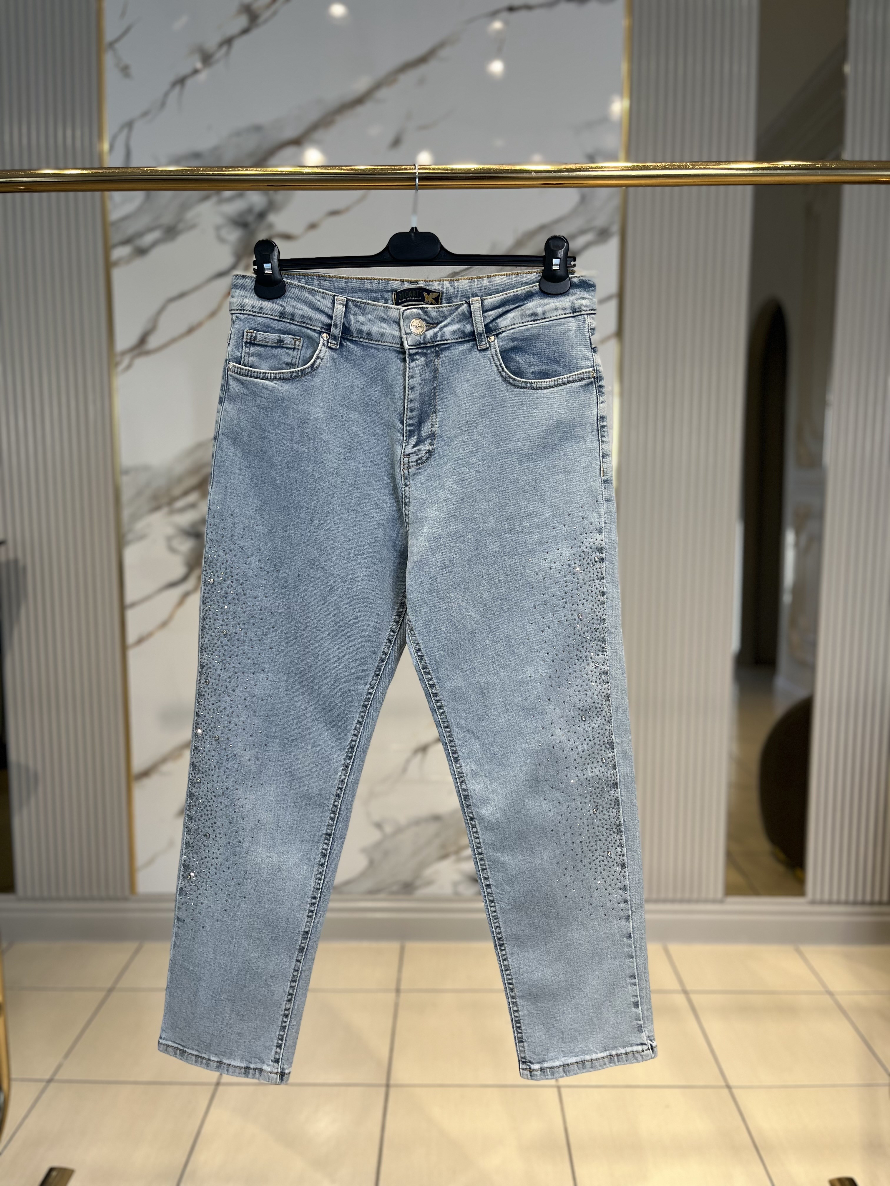 La Carte 0291-521 Yan Serpme Taşlı Mom Jean