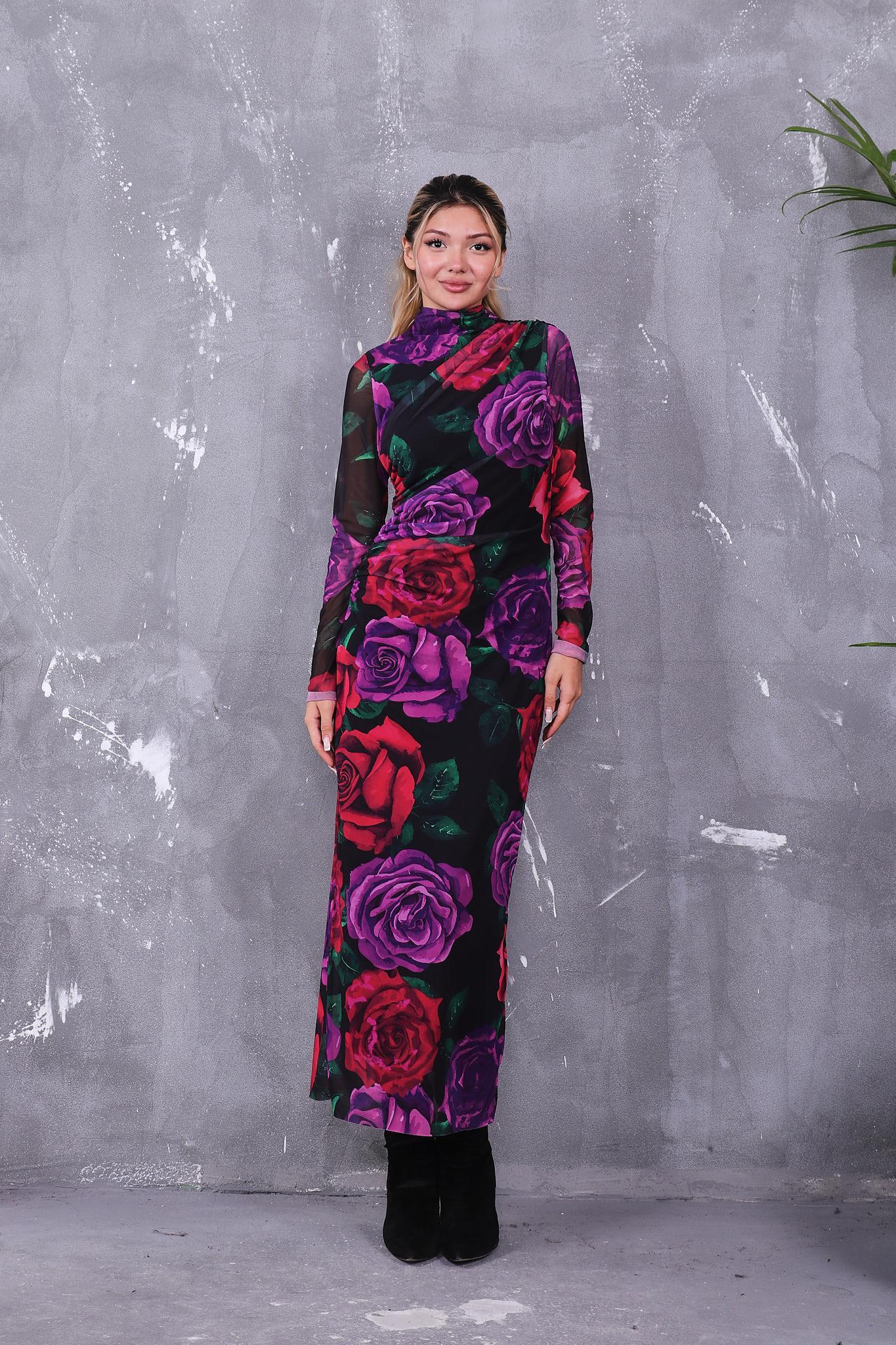 Drapeli Desenli Tül Elbise