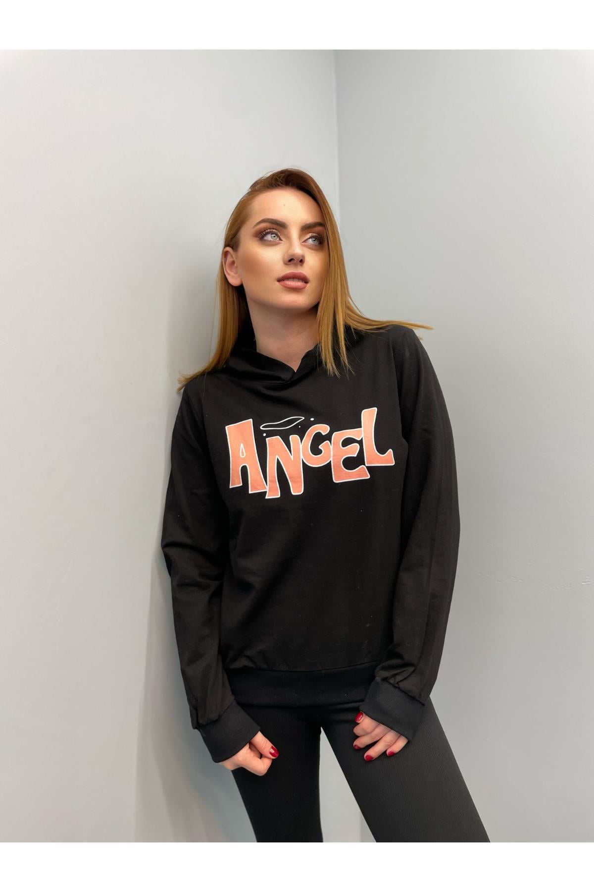 Kadın Angel Baskılı Kapüşonlu Sweatshirt Siyah