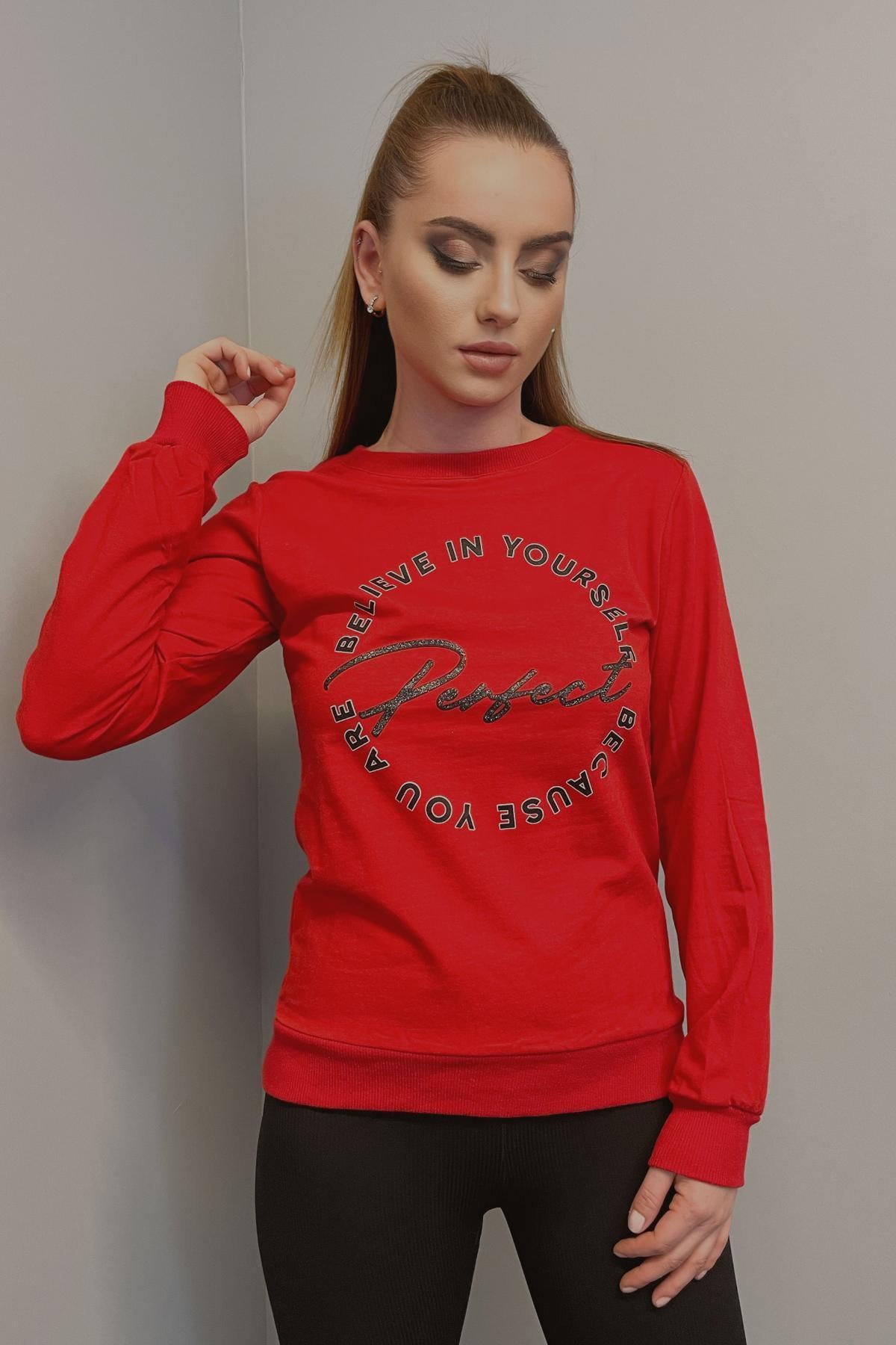 Kadın Baskılı Bisiklet Yaka Sweatshirt Kırmızı