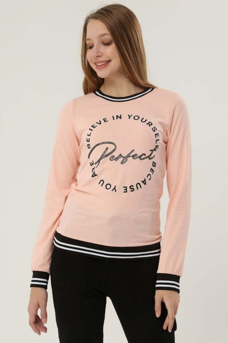 Kadın Baskılı Bisiklet Yaka Sweatshirt Pudra