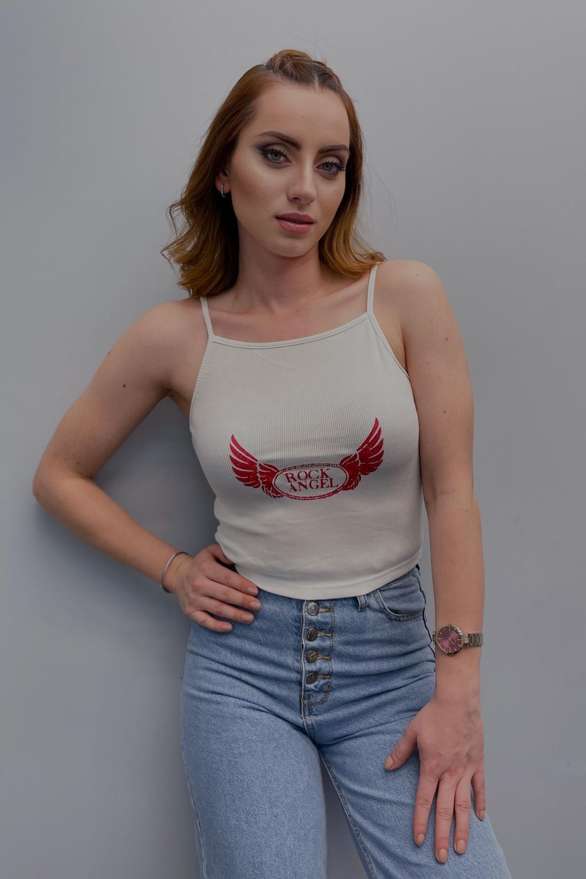 Kadın Baskılı Crop Beyaz