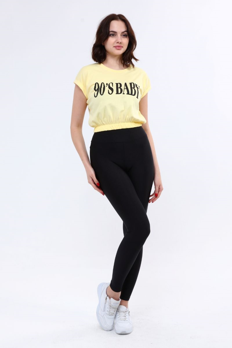 Kadın Beli Lastikli Crop T-Shirt Sarı