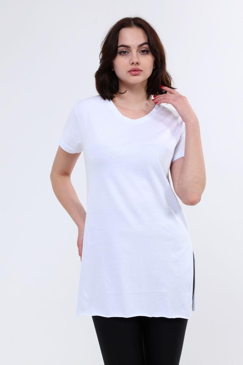 Kadın Bisiklet Yaka Yırtmaçlı T-Shirt Beyaz