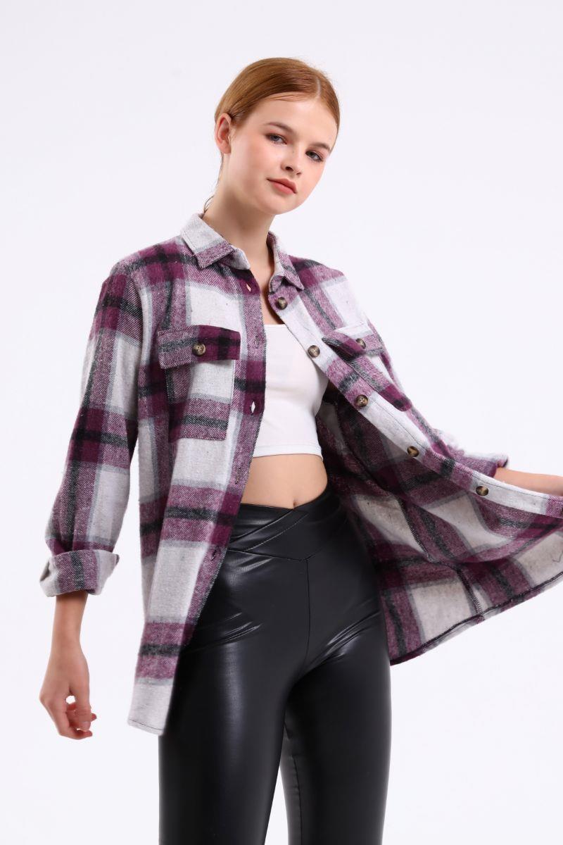 Kadın Cepli Oduncu Gömlek Mor