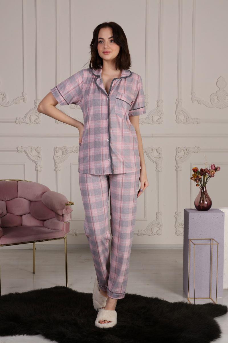 Kadın Ekose Desenli Cepli Maskülen Yaka Pijama Takımı Pembe