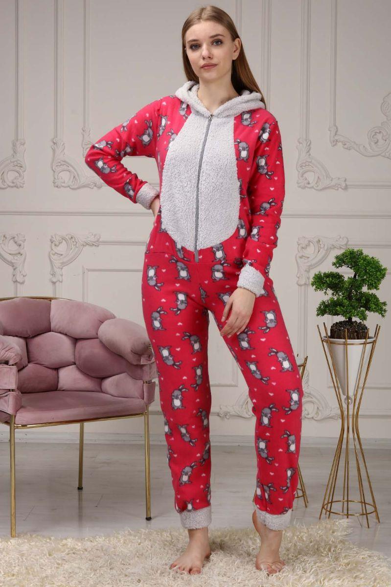 Kadın Fermuarlı Kapüşonlu Polar Tulum Pijama Takımı Fuşya