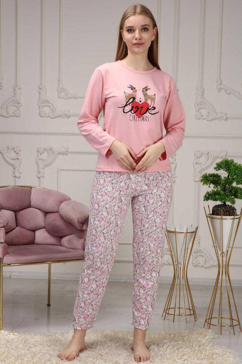 Kadın Geyik Baskılı Yılbaşı Konsepti Şardonlu Pijama Takımı Pembe