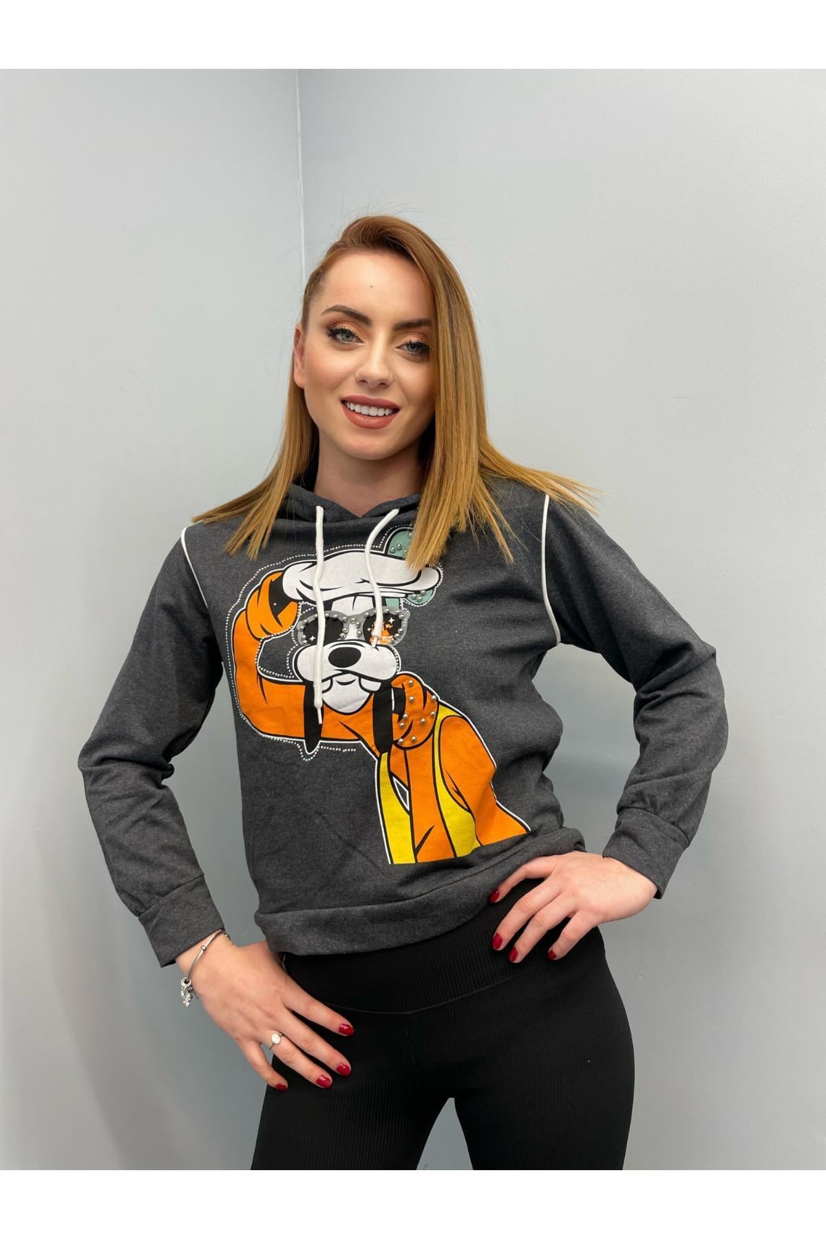 Kadın Goofy Baskılı Inci Işlemeli Kapüşonlu Sweatshirt Antrasit