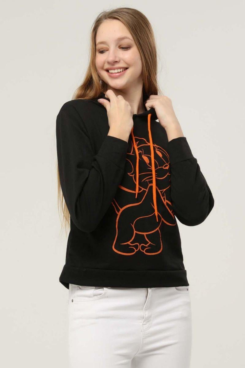 Kadın Jerry Baskılı Kapüşonlu Sweatshirt Siyah