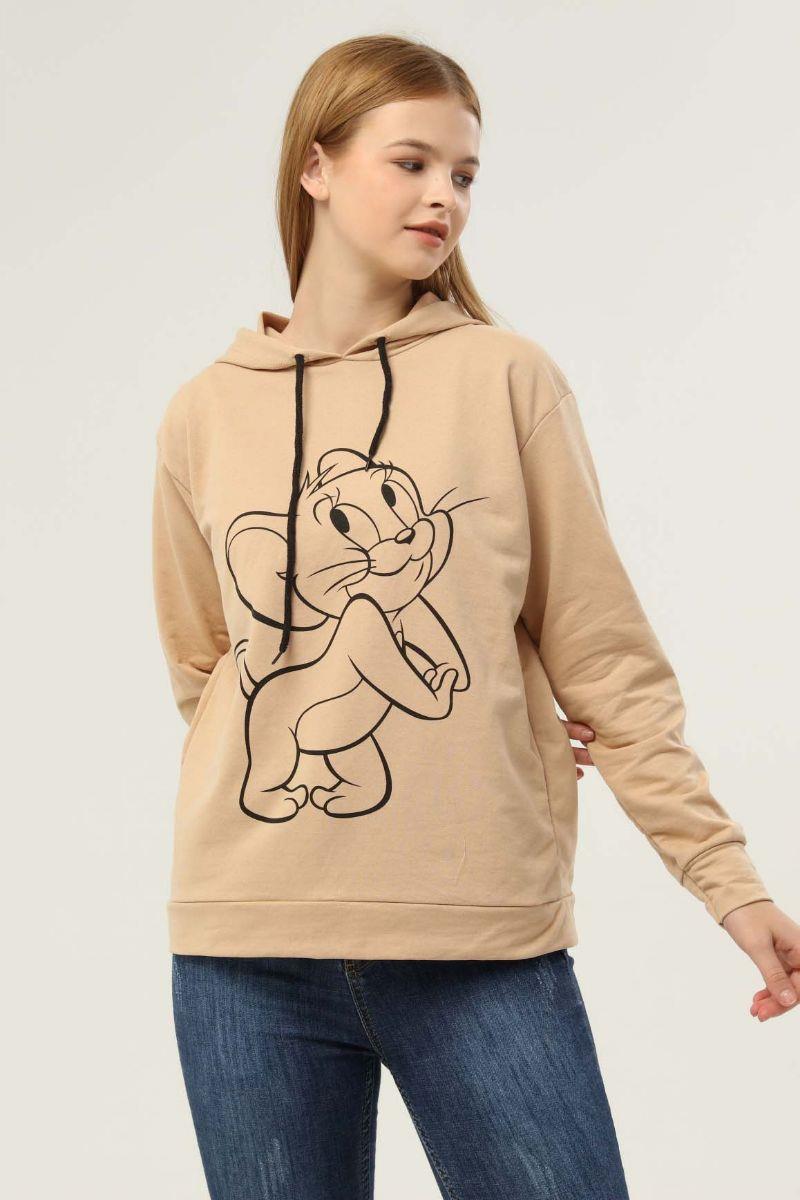 Kadın Jerry Baskılı Kapüşonlu Sweatshirt Bej