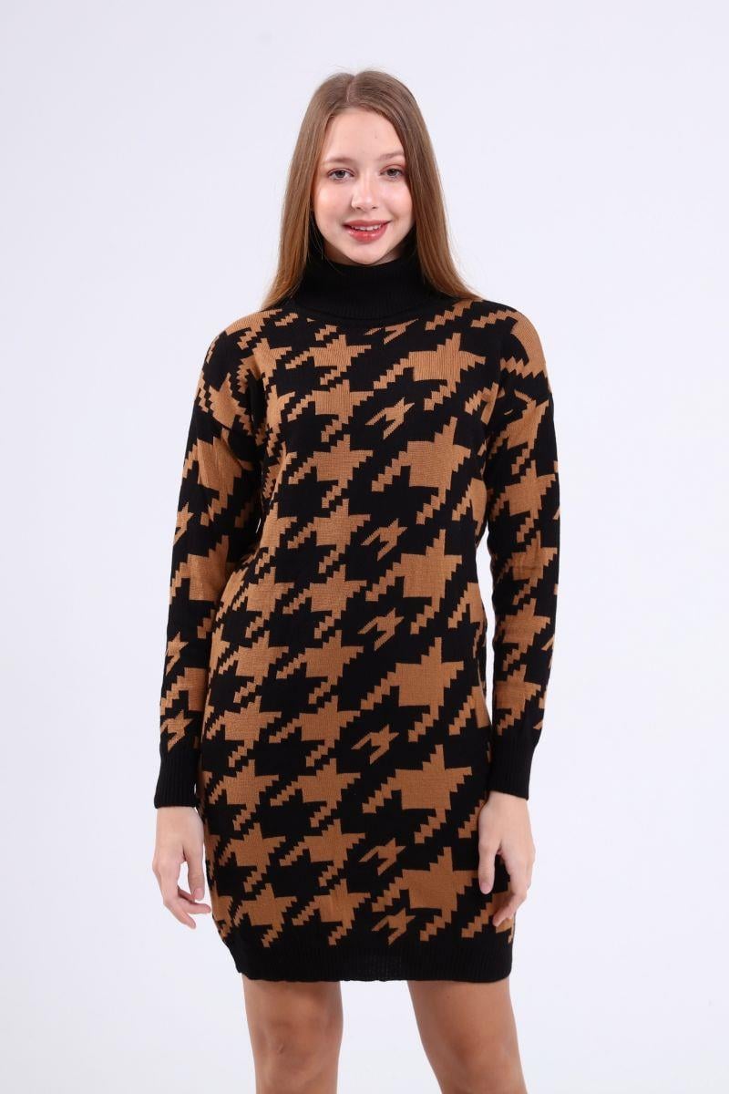Kadın Kazayağı Desenli Tunik Elbise Camel
