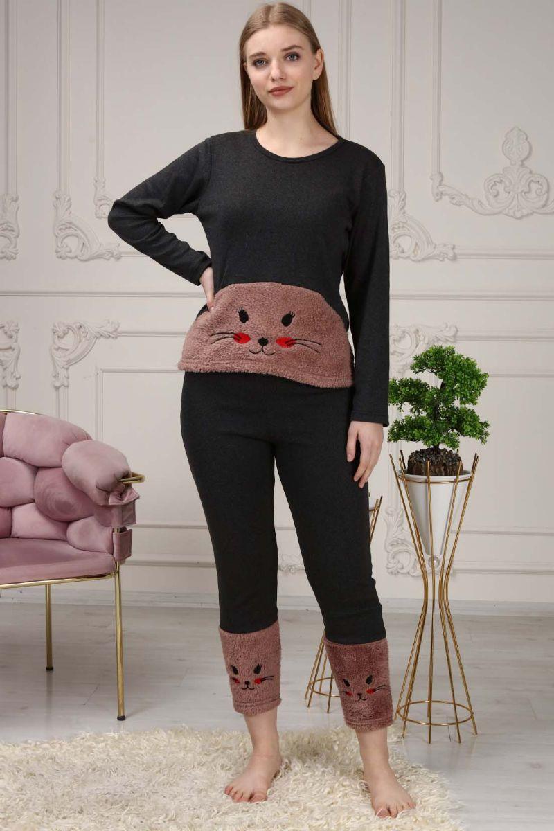Kadın Kedi Nakışlı Polar Pijama Takımı Kahverengi