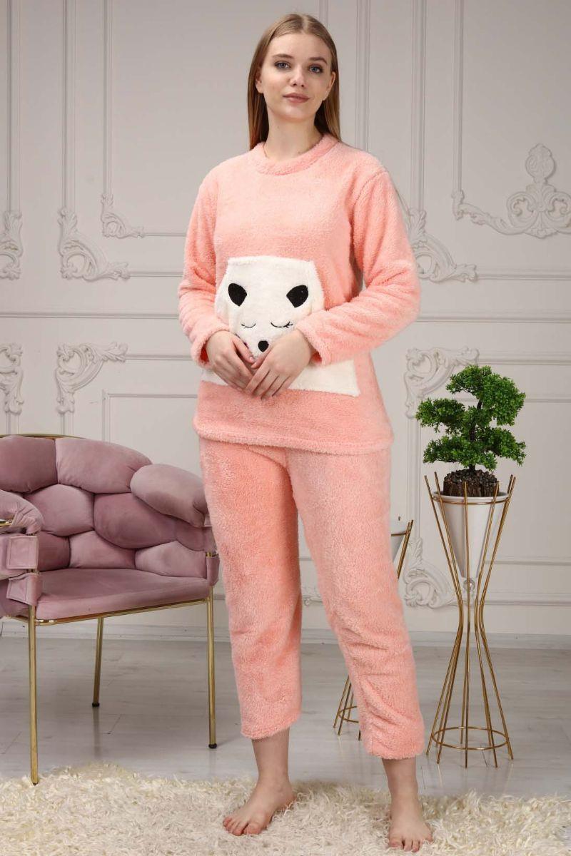 Kadın Kedi Nakışlı Soft Polar Pijama Takımı Pembe