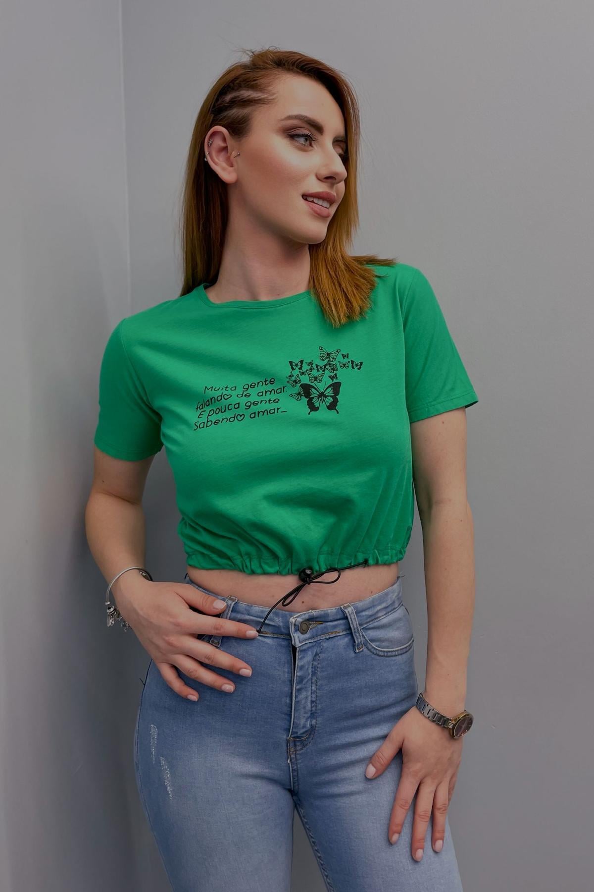 Kadın Kelebek Baskılı Ayarlanabilir Ipli Crop T-Shirt Yeşil