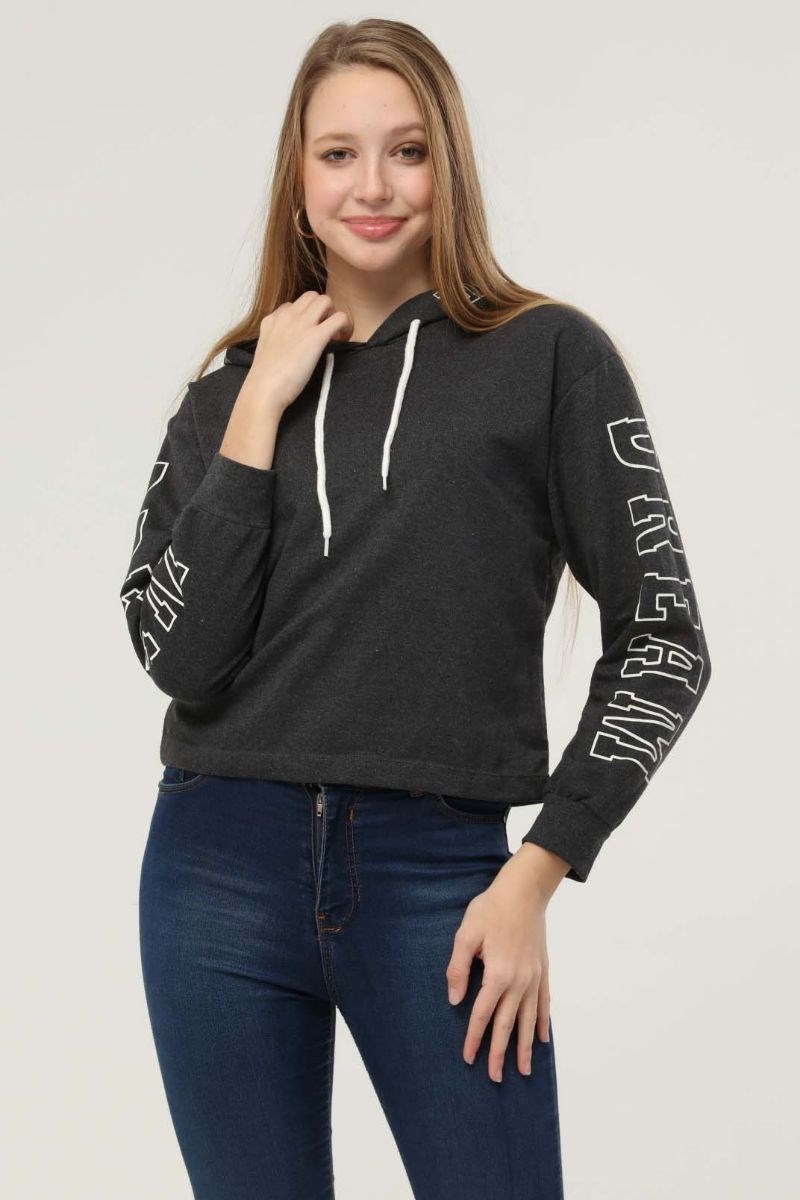 Kadın Koları Baskılı Kapüşonlu Sweatshirt Antrasit