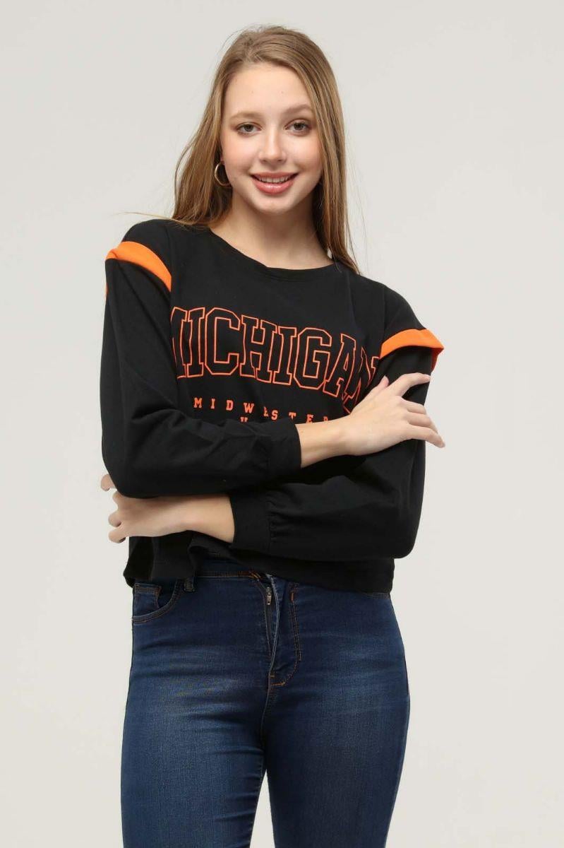 Kadın Michigon Baskılı Sweatshirt Siyah