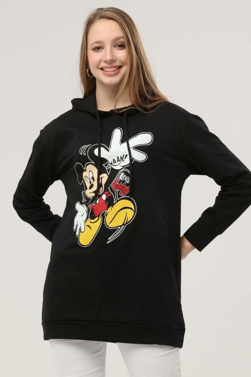 Kadın Mickey Mouse Baskılı Kapüşonlu Sweatshirt Siyah