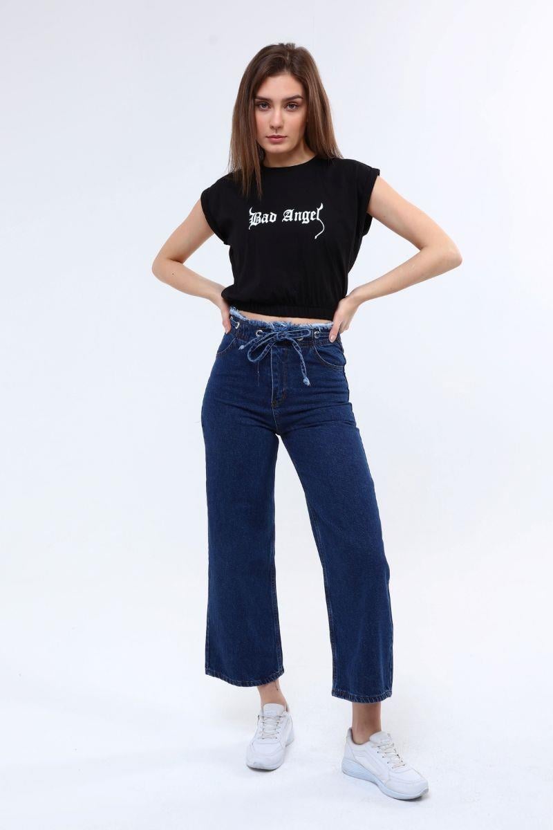 Kadın Önü Baskılı Beli Lastikli Crop T-Shirt Siyah