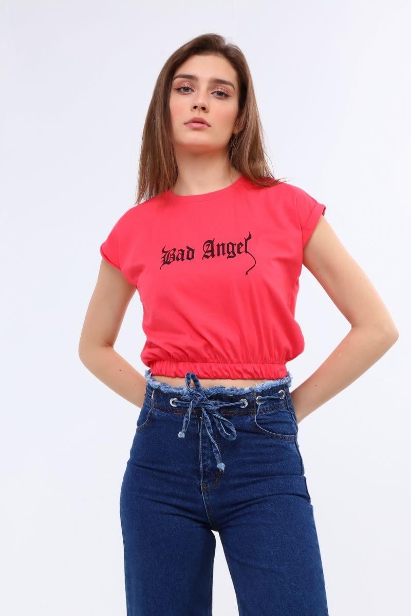 Kadın Önü Baskılı Beli Lastikli Crop T-Shirt Pembe