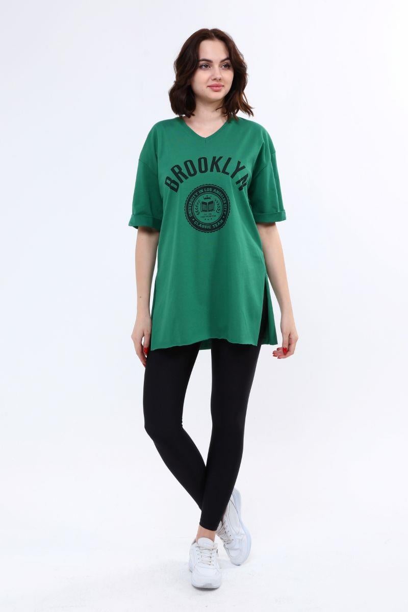 Kadın Önü Baskılı Yırtmaçlı T-Shirt Yeşil
