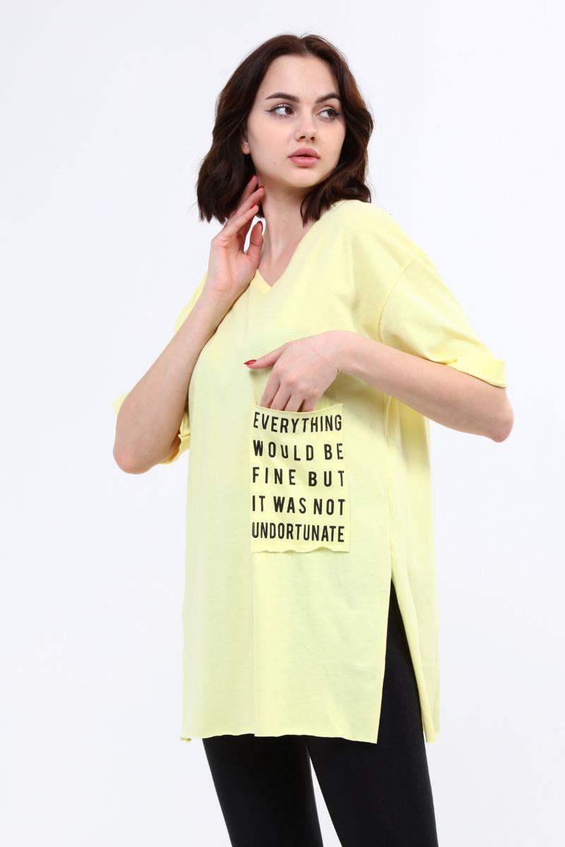 Kadın Önü Cepli Yırtmaçlı T-Shirt Sarı