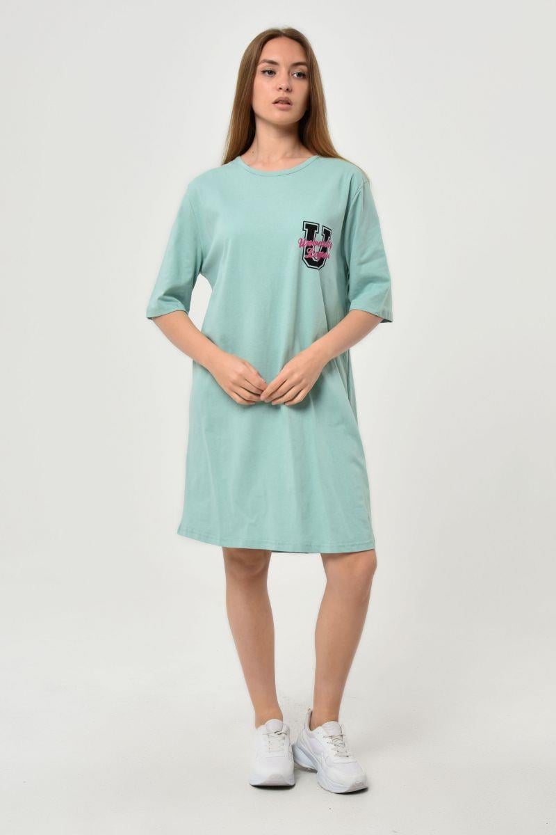 Kadın Oversize Baskılı Tunik T-Shirt Mint Yeşili
