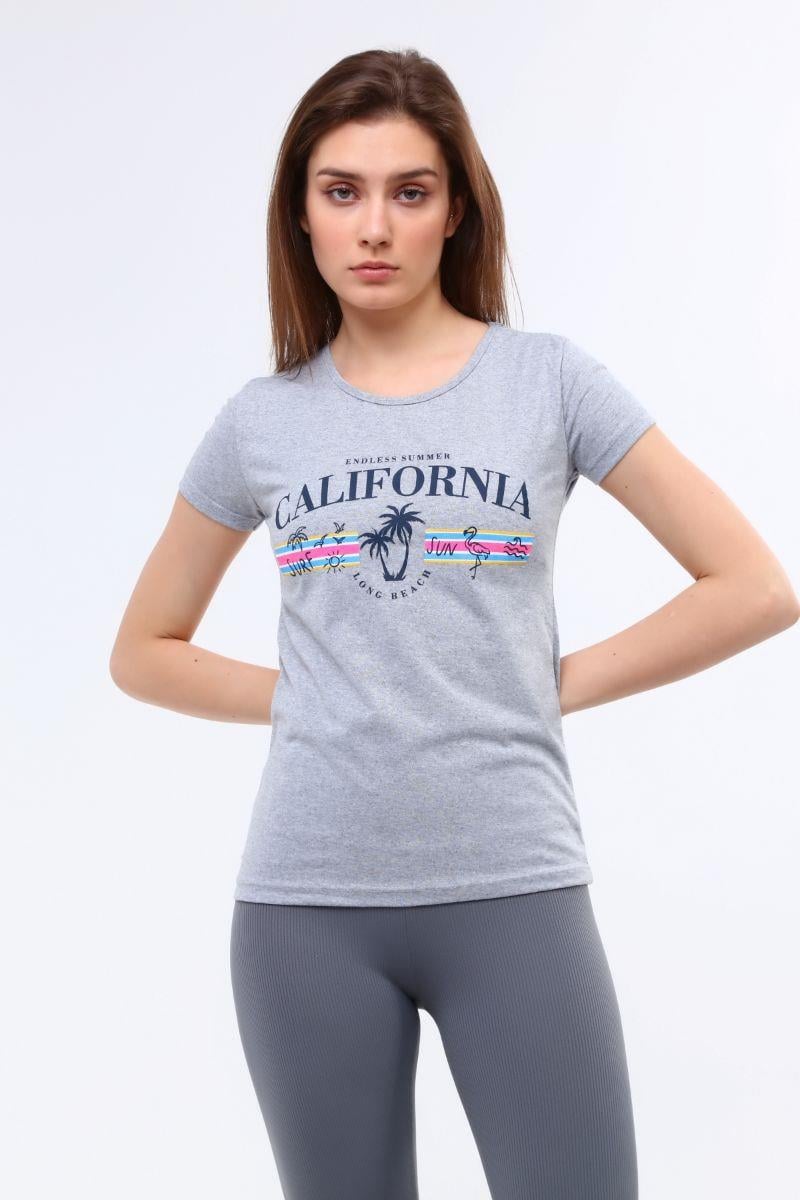 Kadın Palmiye Baskılı T-Shirt Gri