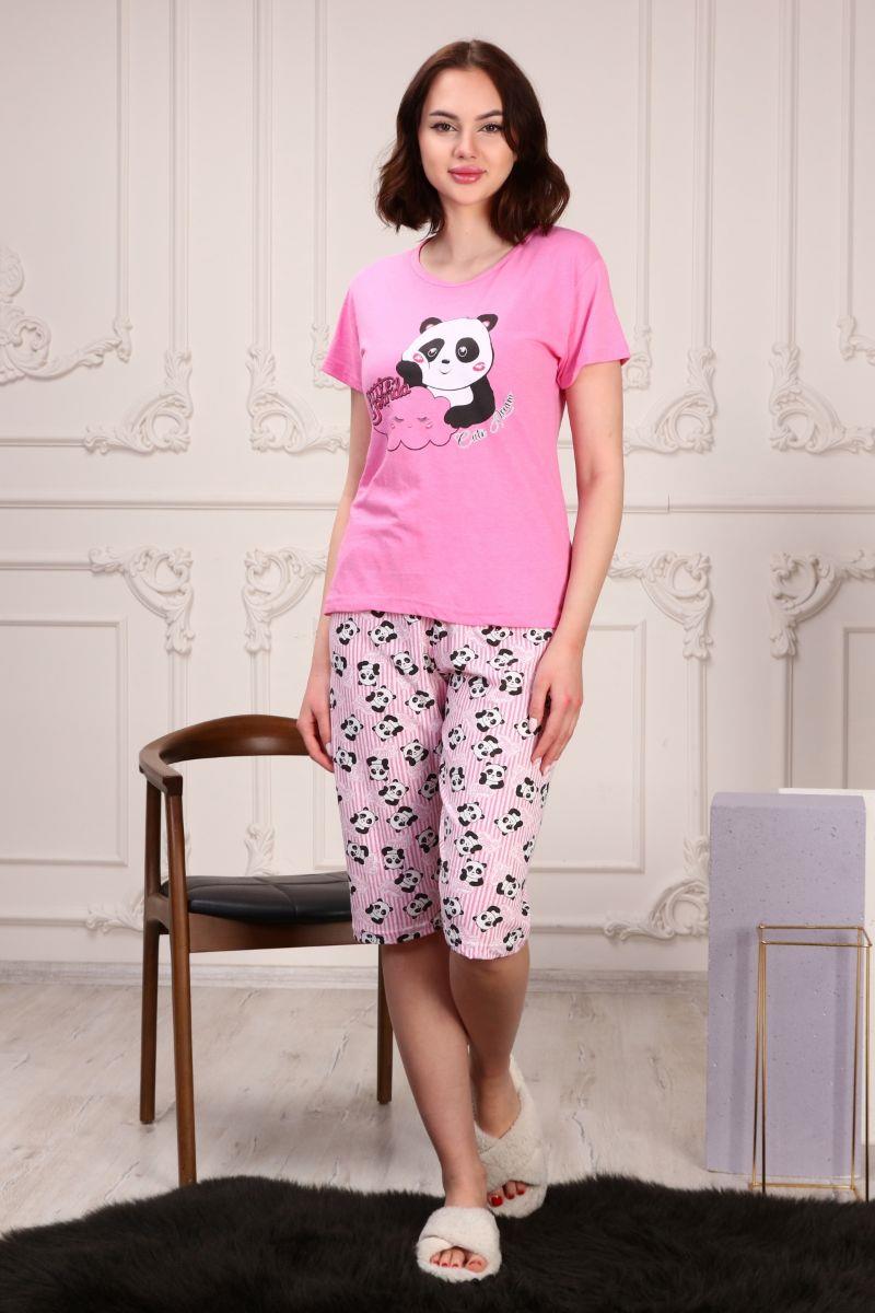 Kadın Panda Baskılı Kapri Şortlu Pijama Takımı Pembe