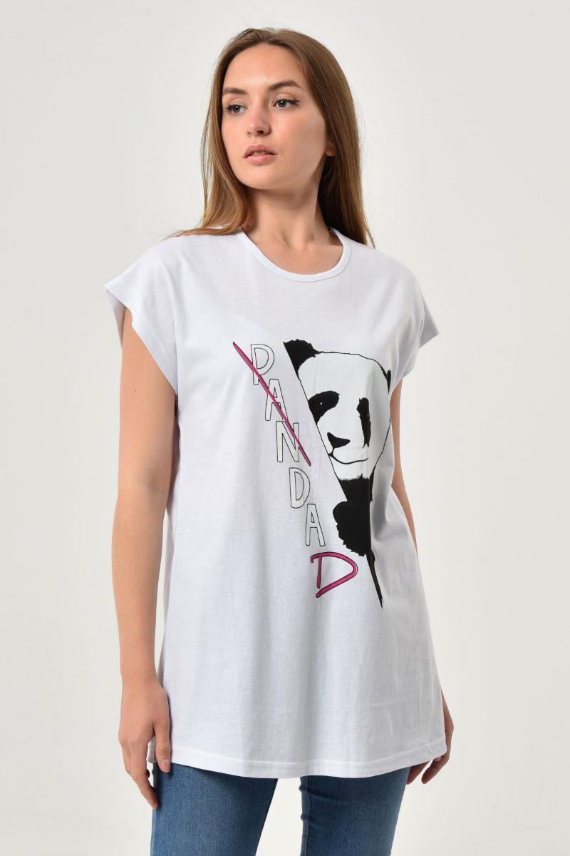 Kadın Panda Baskılı Oversize T-Shirt Beyaz