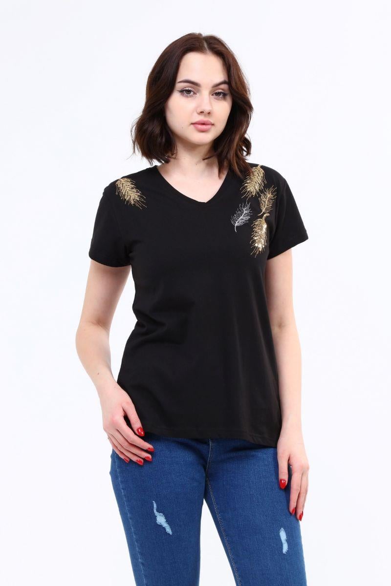 Kadın V Yaka Nakışlı T-Shirt Siyah