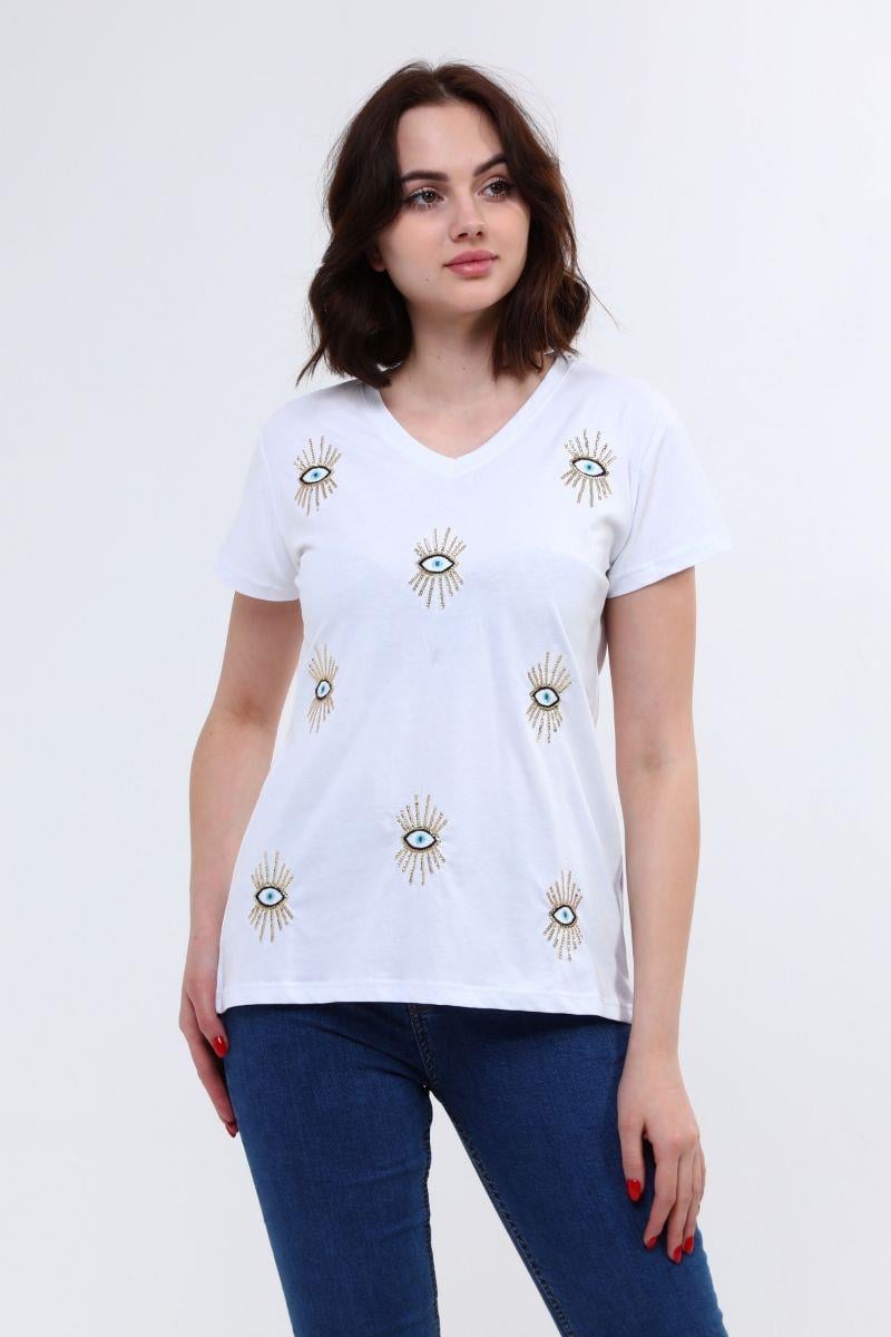 Kadın V Yaka Pullu T-Shirt Beyaz